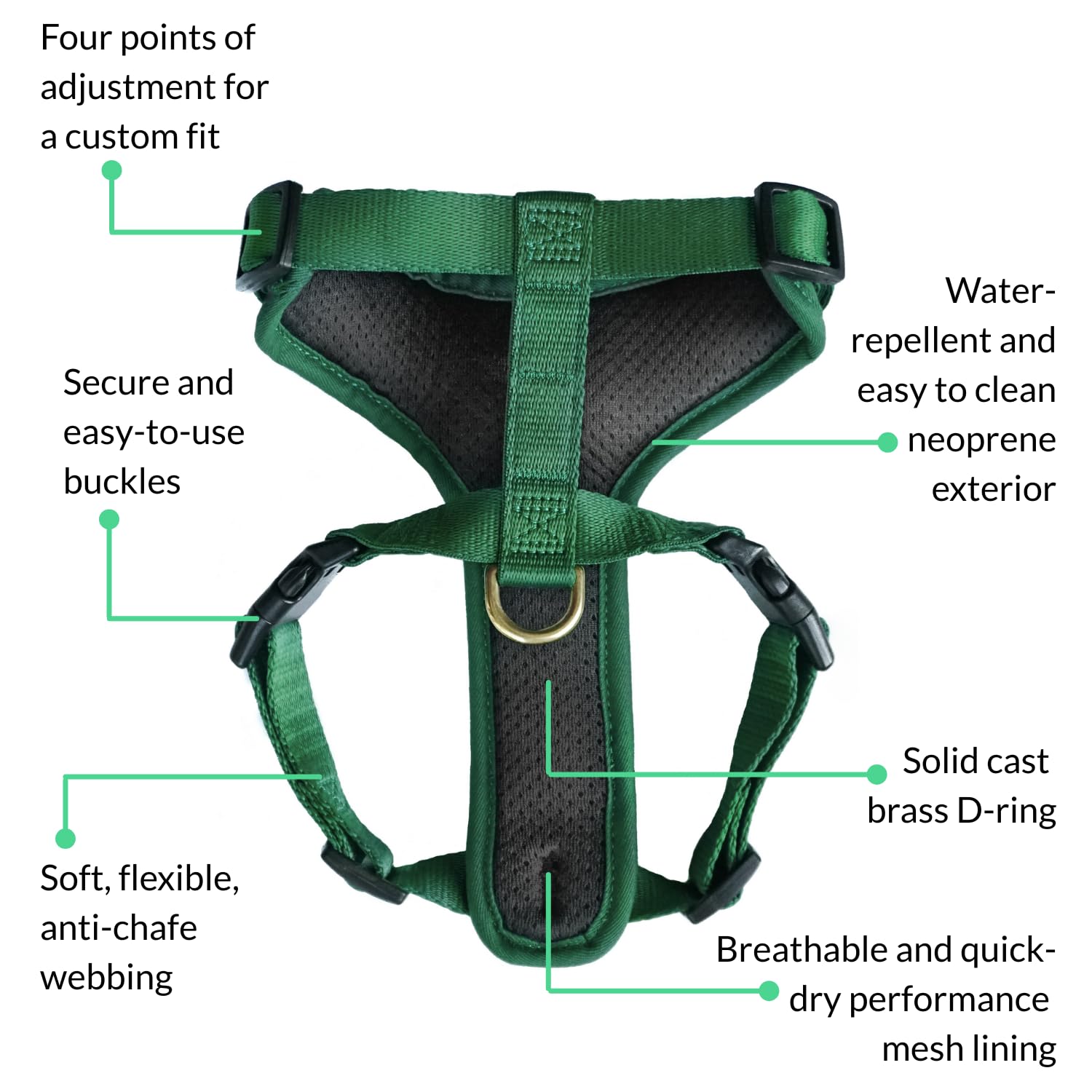 DJANGO Adventure Hundegeschirr - Bequemes, strapazierfähiges und reflektierendes Neopren Hundegeschirr für Outdoor-Abenteuer und Alltag - Verstellbares Design mit massiven Messingbeschlägen (Medium