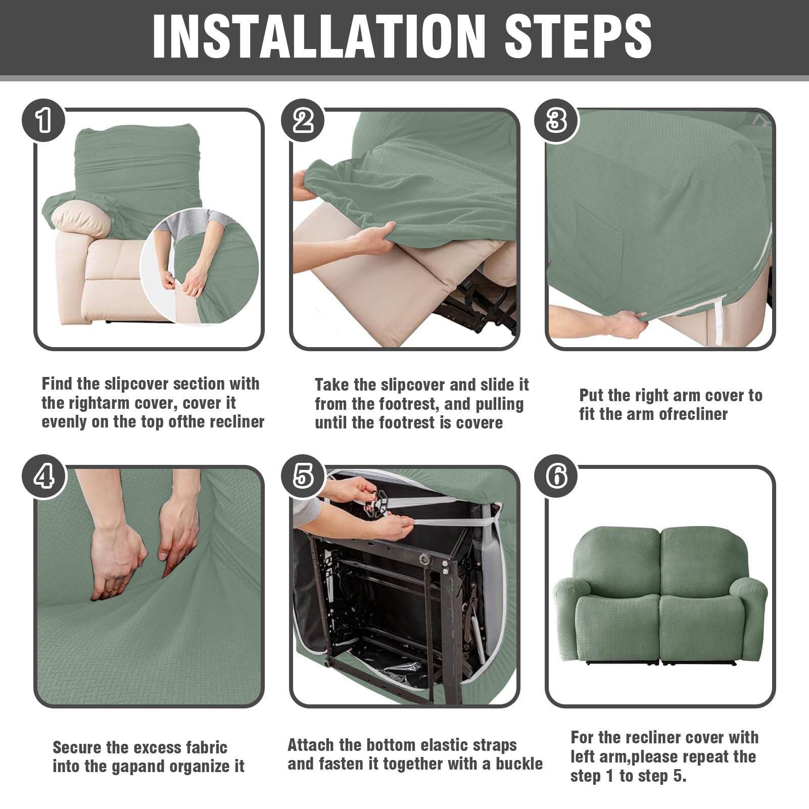 Rivestimento per poltrona a 2 posti, elasticizzato, con tasche, per poltrona e poltrona relax (verde chiaro, 6 pezzi)