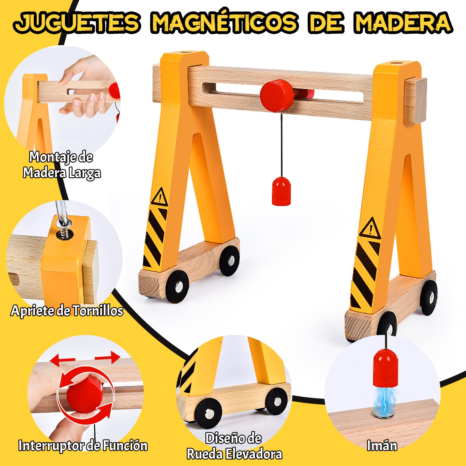 Herenear Vehiculos Construccion Juguete de Madera Niños, Vehículo de Construcción Magnético, Coche de Juguete con Camión Magnético de Construcción con Grúa, Bulldozer, Apisonadora, Grúa Pórtico