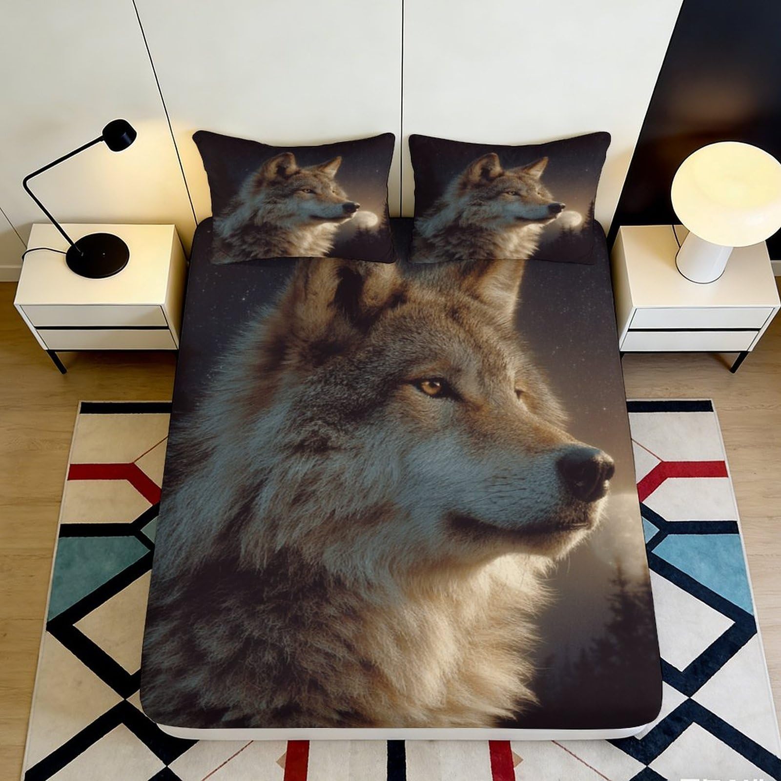 3D Printed Wolf Forest Fitted Sheet Microfiber Soft Breathable Night Howling Mattress Cover for Bedroom Decor 180x200x25cm