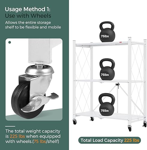 Miniatura 8 de Estantes de almacenamiento plegables para 3 neumáticos y 4 neumáticos con ruedas, estantería de garaje de metal, carrito de microondas sin montaje,
