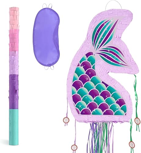 Piñata de sirena plegable, suministros para fiesta de cumpleaños de sirena, sirena extensible con murciélago y borlas para fiesta de cumpleaños de