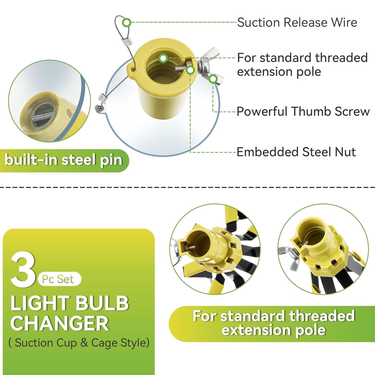 Dreyoo 3 Pieces Set Light Bulb Changer, Standard Incandescent, Floodlight and Suction Cup Light Bulb Changer Compatible with Standard Threaded Extension Pole, Pole Not Included (Yellow)