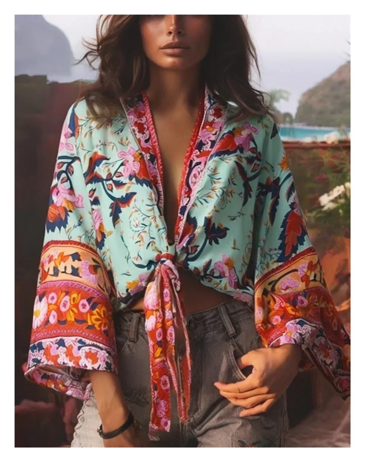 Sexy Vestido De Baño Cubrir Ropa Kimono corto con estampado floral y fajas for mujer, pareo de bikini for playa