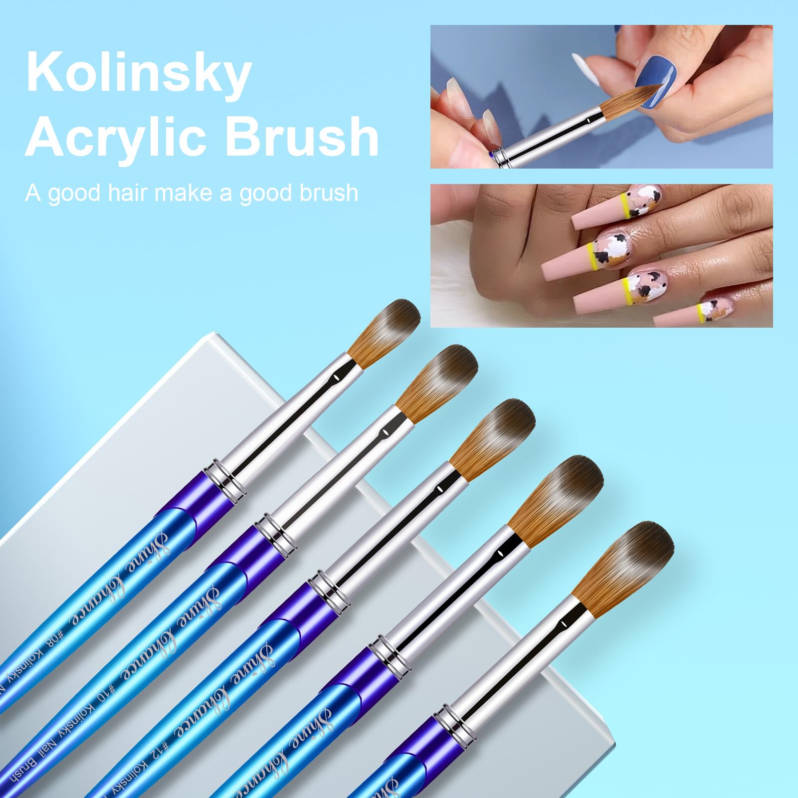 Kolinsky - Cepillo de uñas acrílicas, tamaño 14, 100% puro, cepillo para uñas 3D con mango azul degradado, diseño artístico en polvo, pincel para extensión y tallado de uñas, herramientas