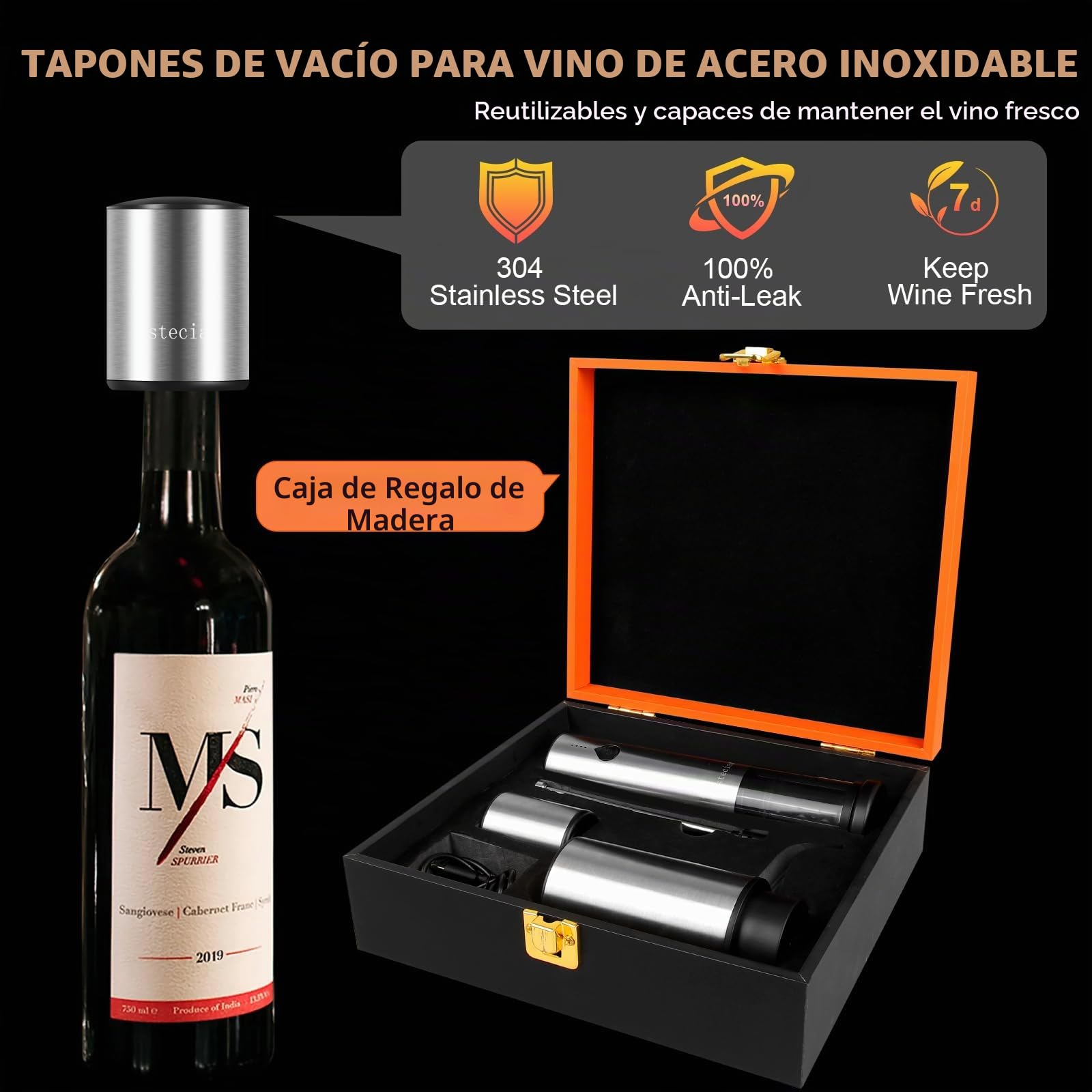 Sacacorchos Eléctrico Recargable, Regalo Set 4 en 1 Abridor de Vino Automático de Acero Inoxidable, Saca y Expulsa el Corcho con un Botón, Aireador Eléctrico de Vino, Tapón de Vacío