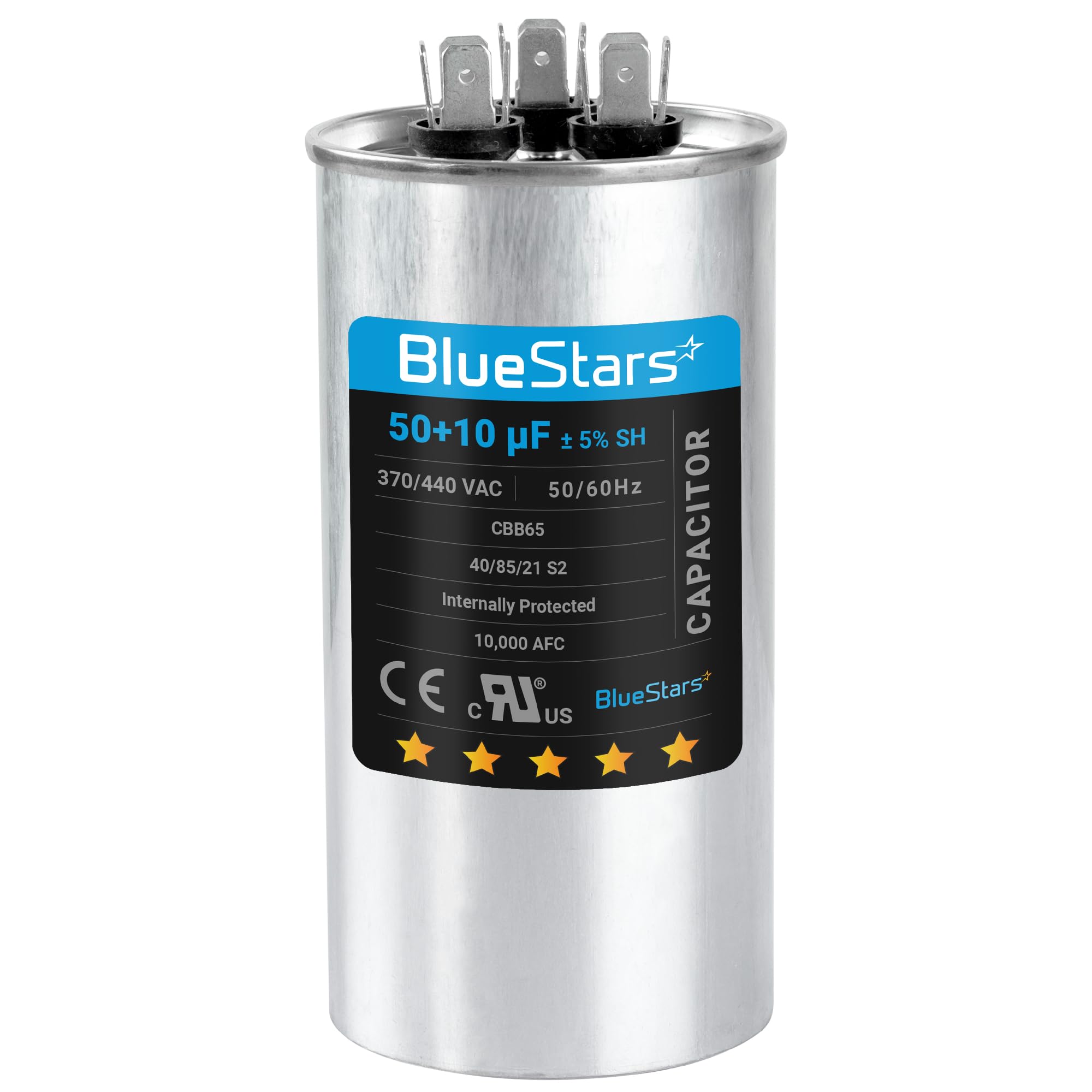 [UL Certified] BlueStars 50+10 uF ±5% 50/10 MFD 370-440VAC Volts CBB65B Dual Run Start Round Capacitor Replacement Part - Fit for Condenser Straight Cool or Heat Pump Air Conditioner