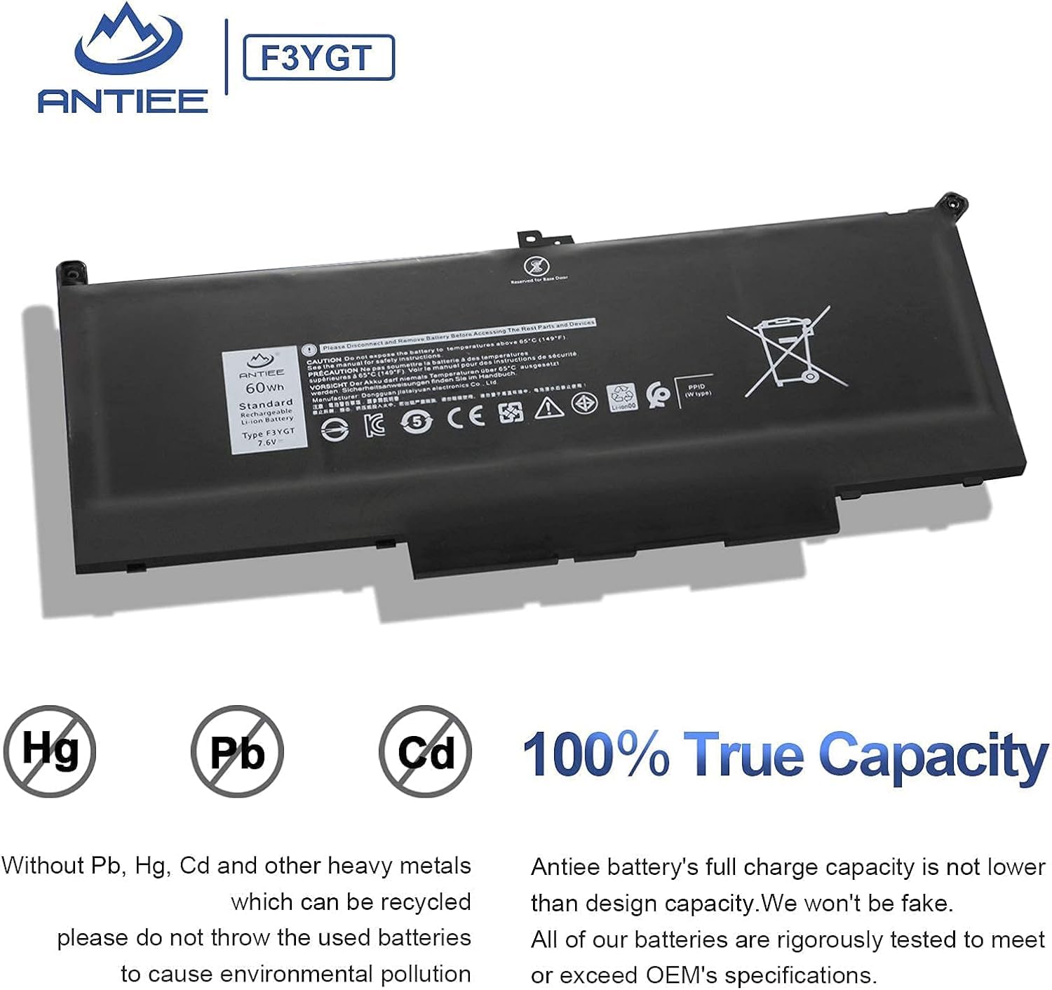 ANTIEE F3YGT Laptop Batería para DELL Latitude 12 7000 7280 7290 Latitude 7380 7390 7480 7490 E7480 E7280 Notebook 0F3YGT DM3WC DM6WC 0DM3WC 2X39G KG7VF V4940 451-BBYE 7.6V 60Wh