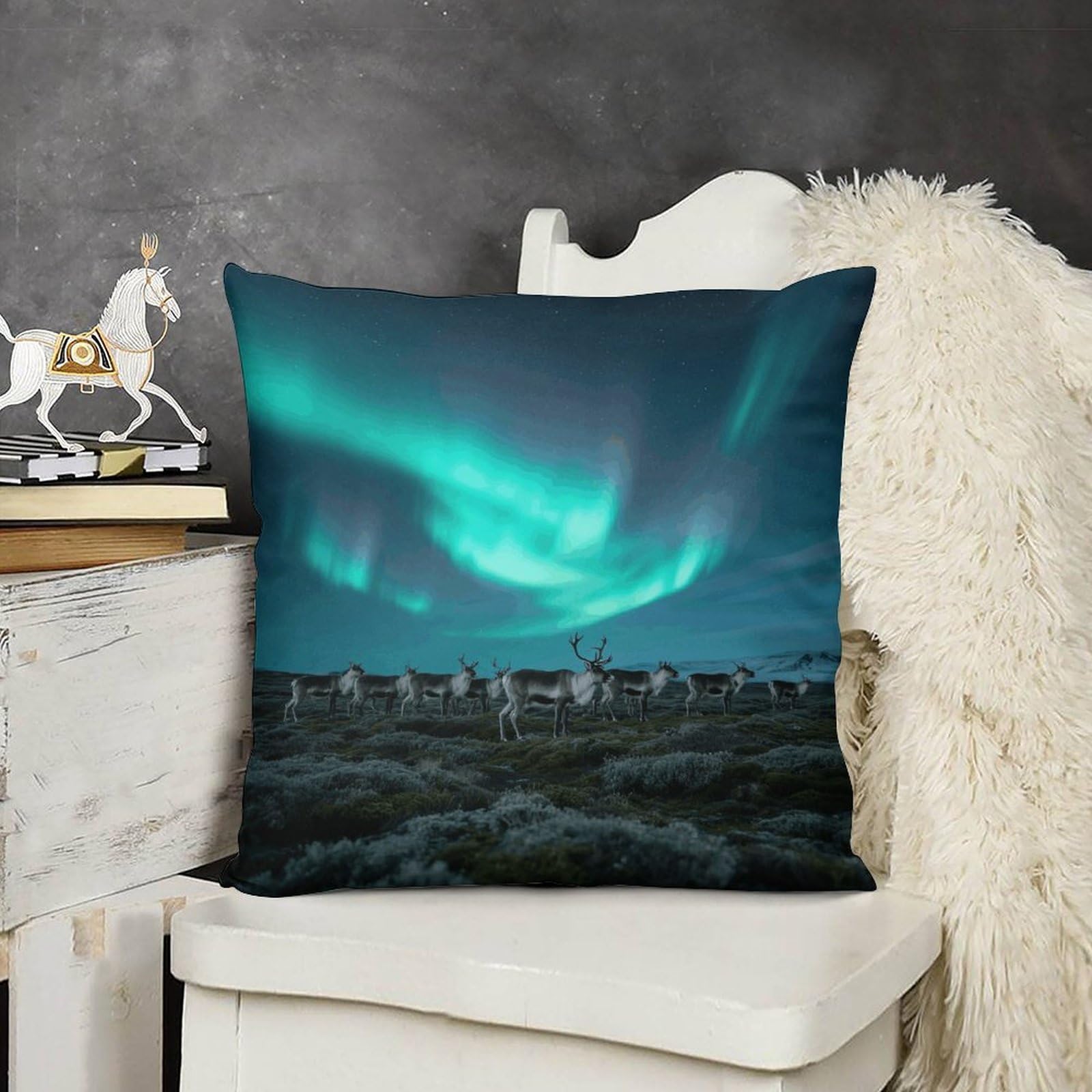 FodPand Boho Farmhouse Reindeer_Aurora Pillow Covers with Hidden Zipper 22x22 Soft Plush Cushion Cover Decorative Throw Pillow Cases for Couch Bed Sofa Living Room Indoor Outdoor Home Decor