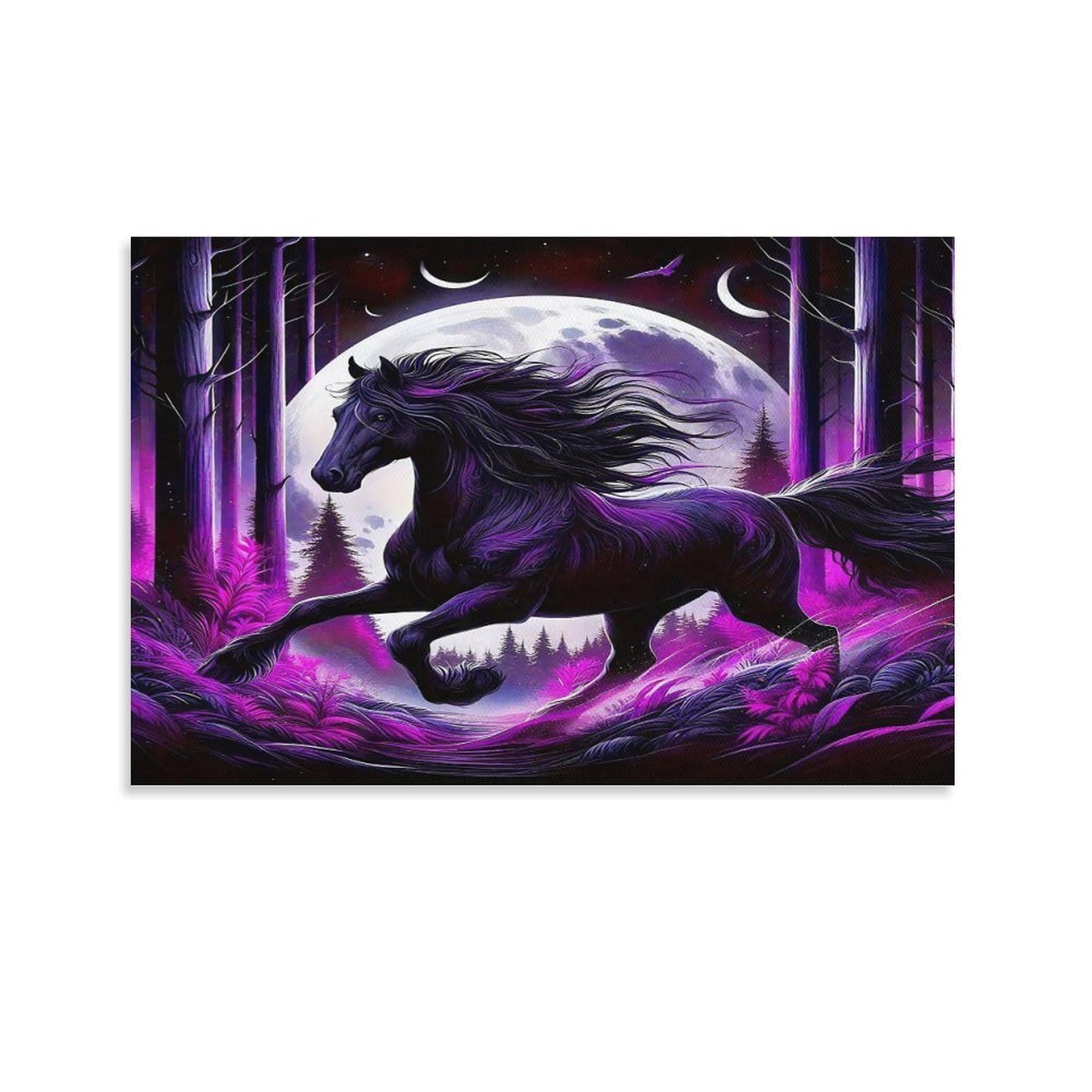 CPLVKWRQJ Six-Piece Fantasy Horse Art Set Single Black Horse Runs Under Purple Moon Woods Canvas Wall Art - Nursery Canvas Wall Hanging Space Saving Ready to Hang Decor 08x12inch(20x30cm)