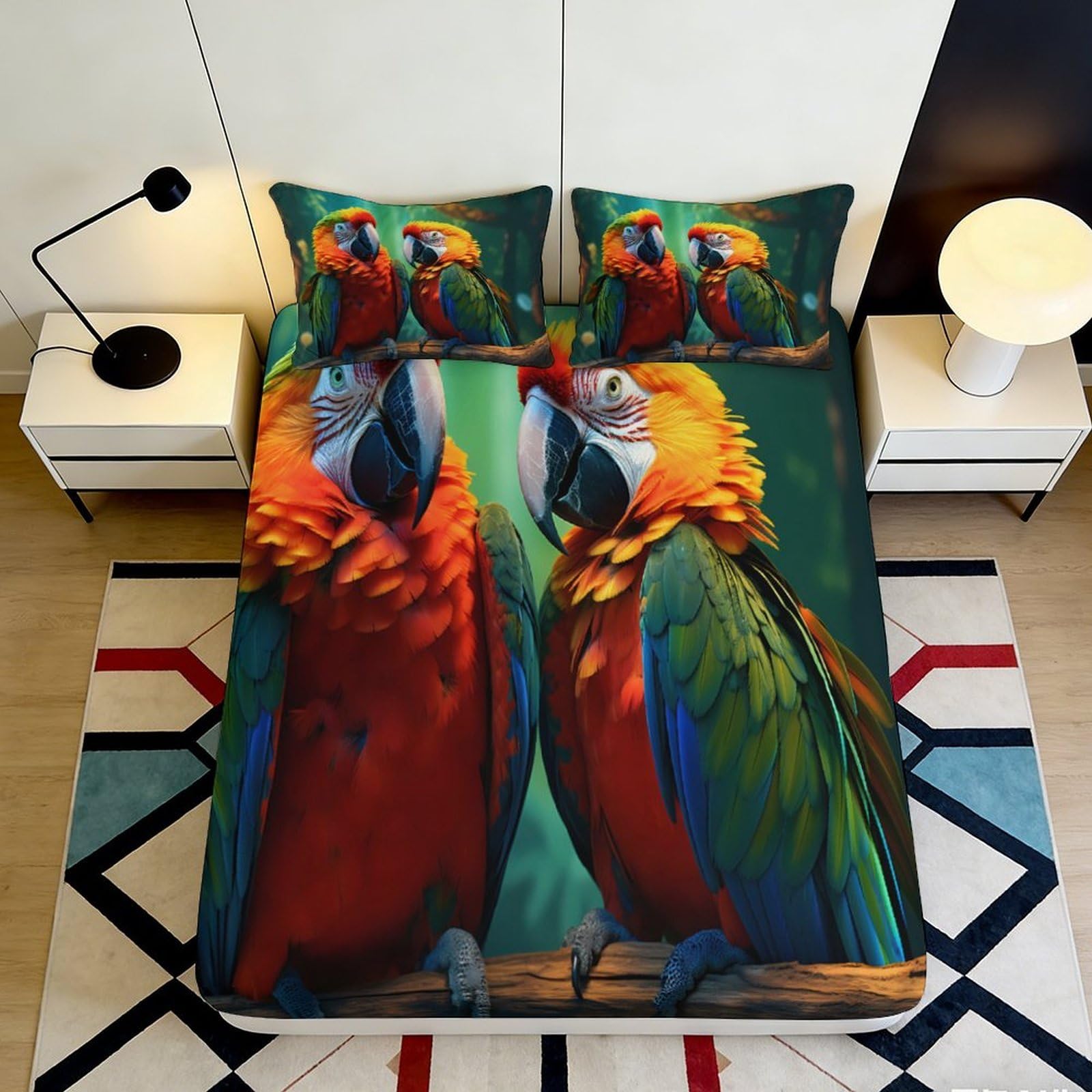 3D Printed Colorful Macaw Parrot Fitted Sheet Microfiber Soft Durable Tropical Bird Mattress Cover for Bedroom Dormitory Guest Room Protection 200x200x25cm