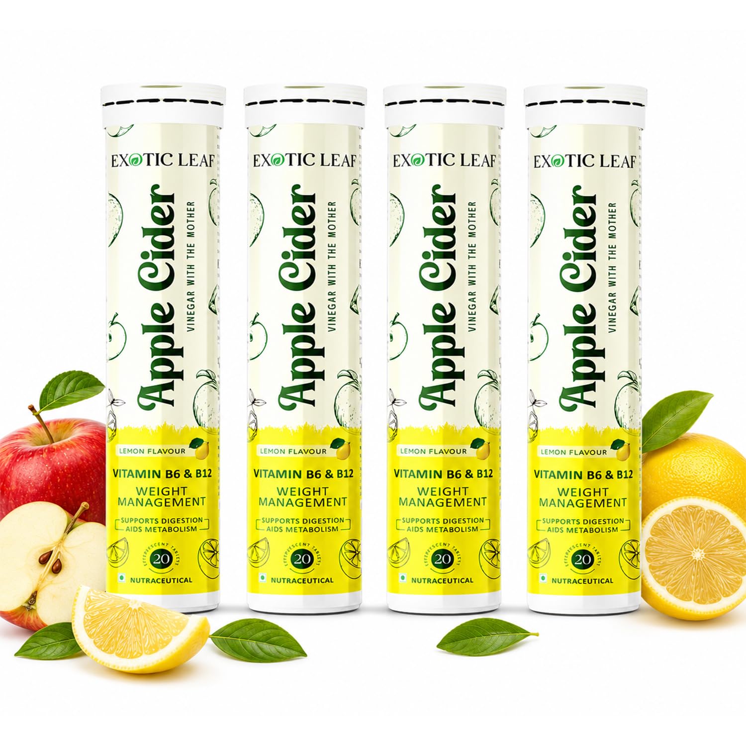 ACV Apple Cider Vinegar Effervescent Tablets | Lemon Flavour | 500mg ACV with Mother Garcinia, Moringa, Vitamin B6 & B12 | Daily Wellness & Weight Management Support | 20 Tablets Pack of 4-image-18