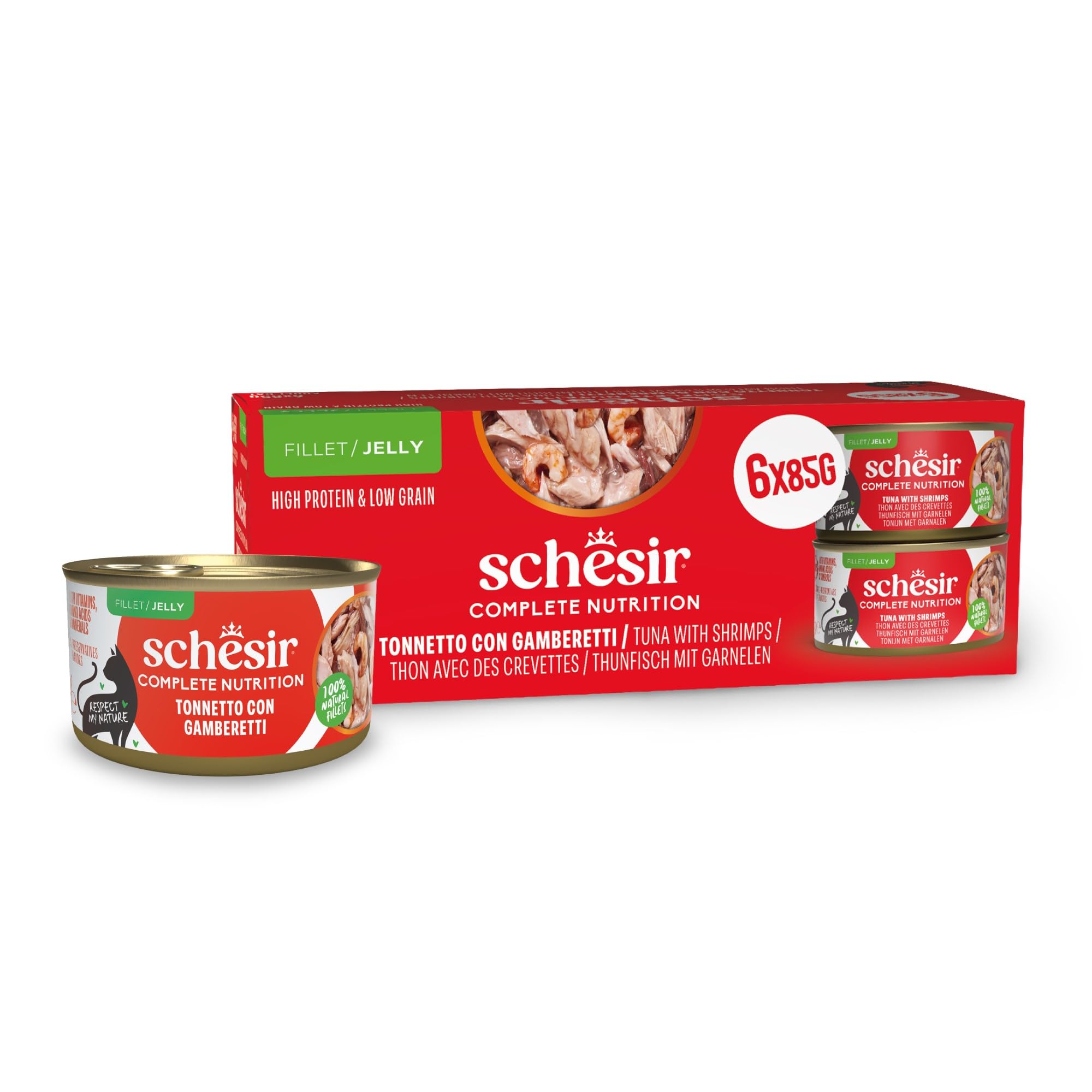 Schesir, Atún con Gambas en Gelatina, Comida Húmeda Completa para Gatos, en Latas, Con Vitaminas Añadidas, 100% Natural, 6 x 85g