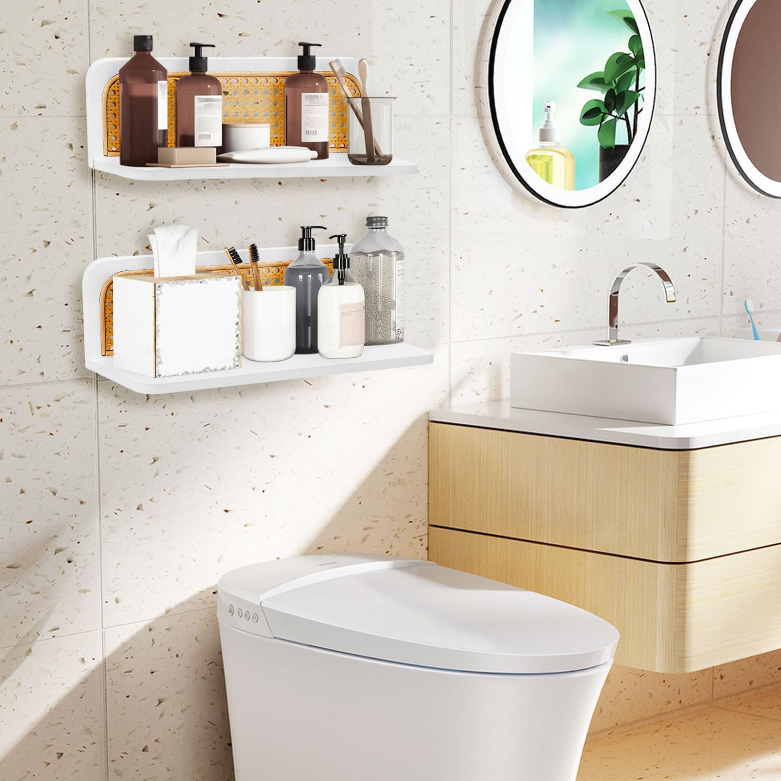 2 Piezas Estante de Pared Blanco Boho, Estante de Ratán, Estanteria Blanca Baldas Flotante Pared de 40cm, Decoración Rústica Moderna de Madera para Salon, Cocina, Habitación Infantil y Dormitorio