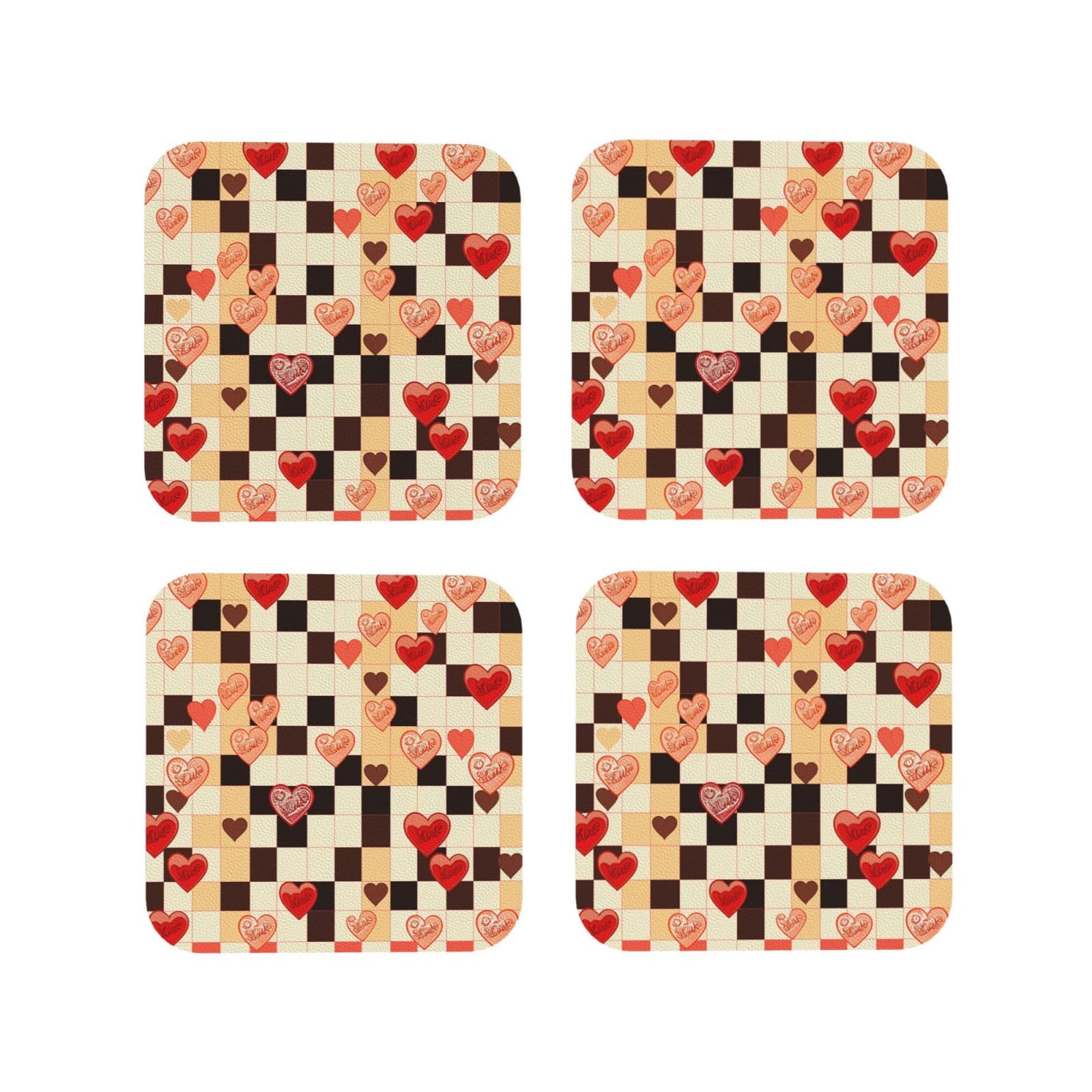 4pcs Drink Coasters for Tabletop Protection, 4" Leather Coasters for Drinks, Checkerboard Hearts Cup Coasters for Coffee Table Decor, Non-Slip Drinking Cup Mat for Hot Or Cold Drink