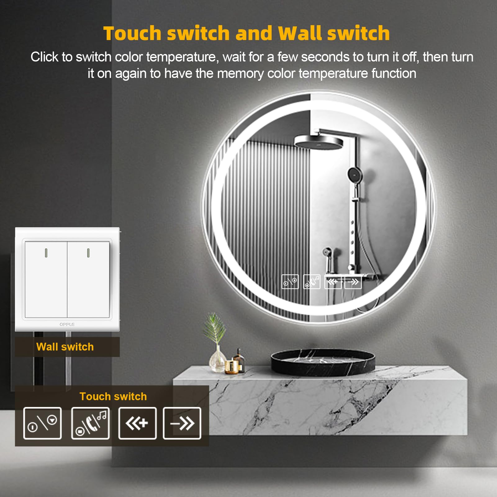 WANGPP Specchio Da Bagno A LED, Specchio Da Bagno Con Interruttore Tattile E Anti-appannamento, Specchio Da Parete Dimmerabile Bianco Caldo/Bianco Freddo/Neutro 3000K-6000K