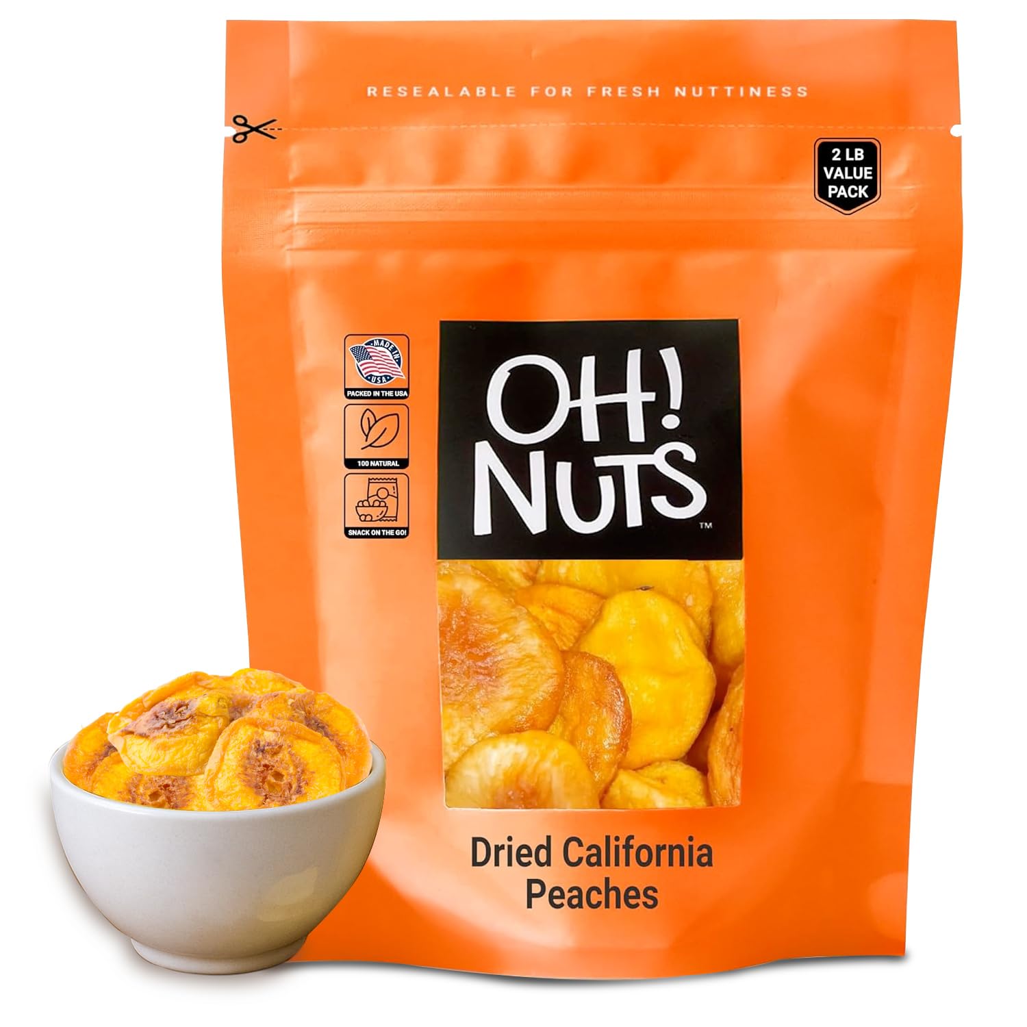 Oh! Nuts Dried Peaches California - 2 LB - Dried Fruit Slices - No Sugar Added - Packed in New York Zip-Seal Bag for Exceptional Freshness