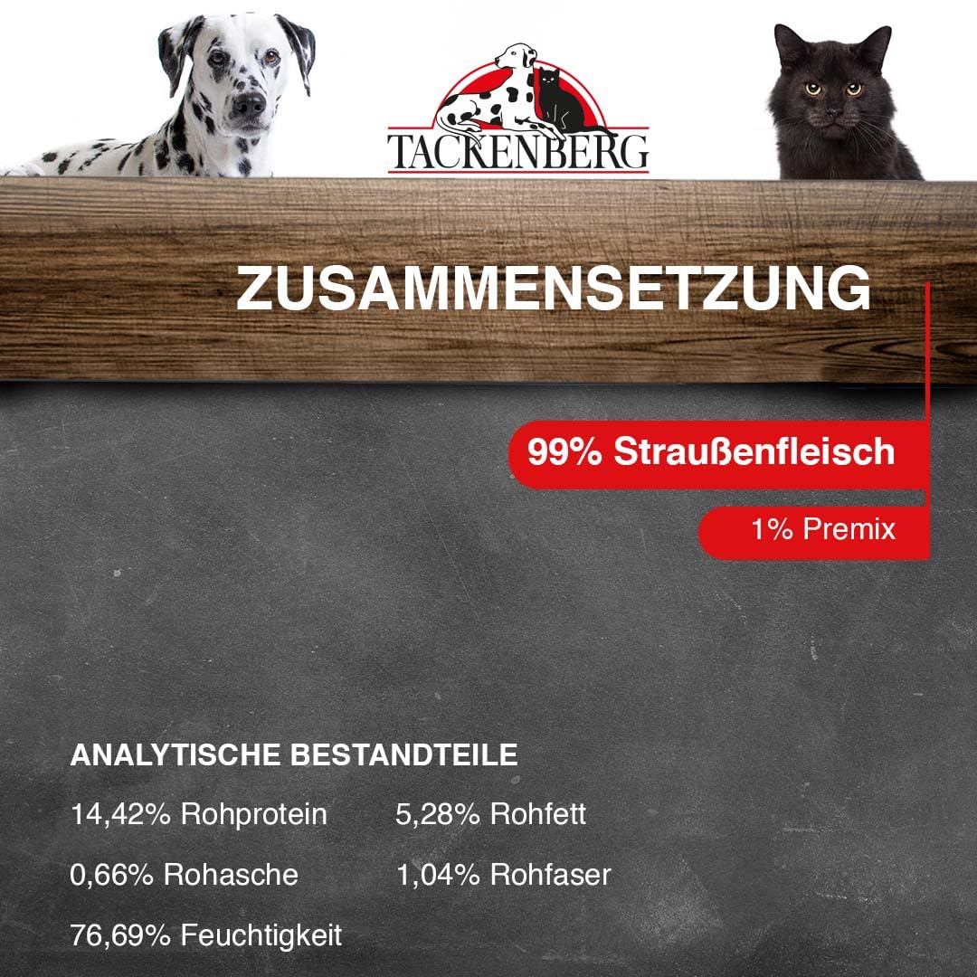 TACKENBERG Strauß Pur Nassfutter Für Hunde – 6 X 400 G, Getreidefrei, Hypoallergen, 99% Fleischanteil