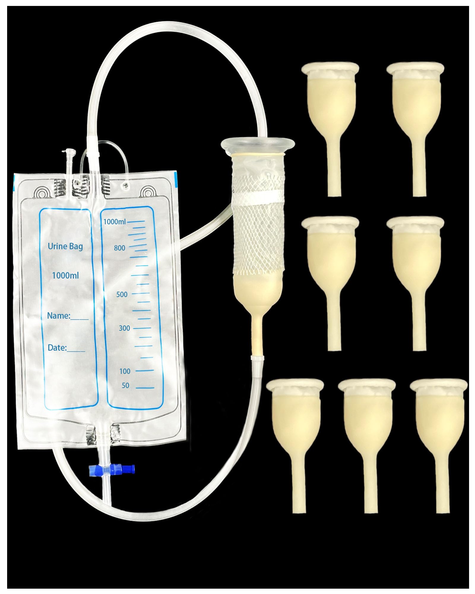 Latex Condom Catheter for Men, 7pcs Self-Sealing External Catheters with 1000ml Leg Bag & 2000ml Urine Bag, Leak-Proof Urinary Drainage System for