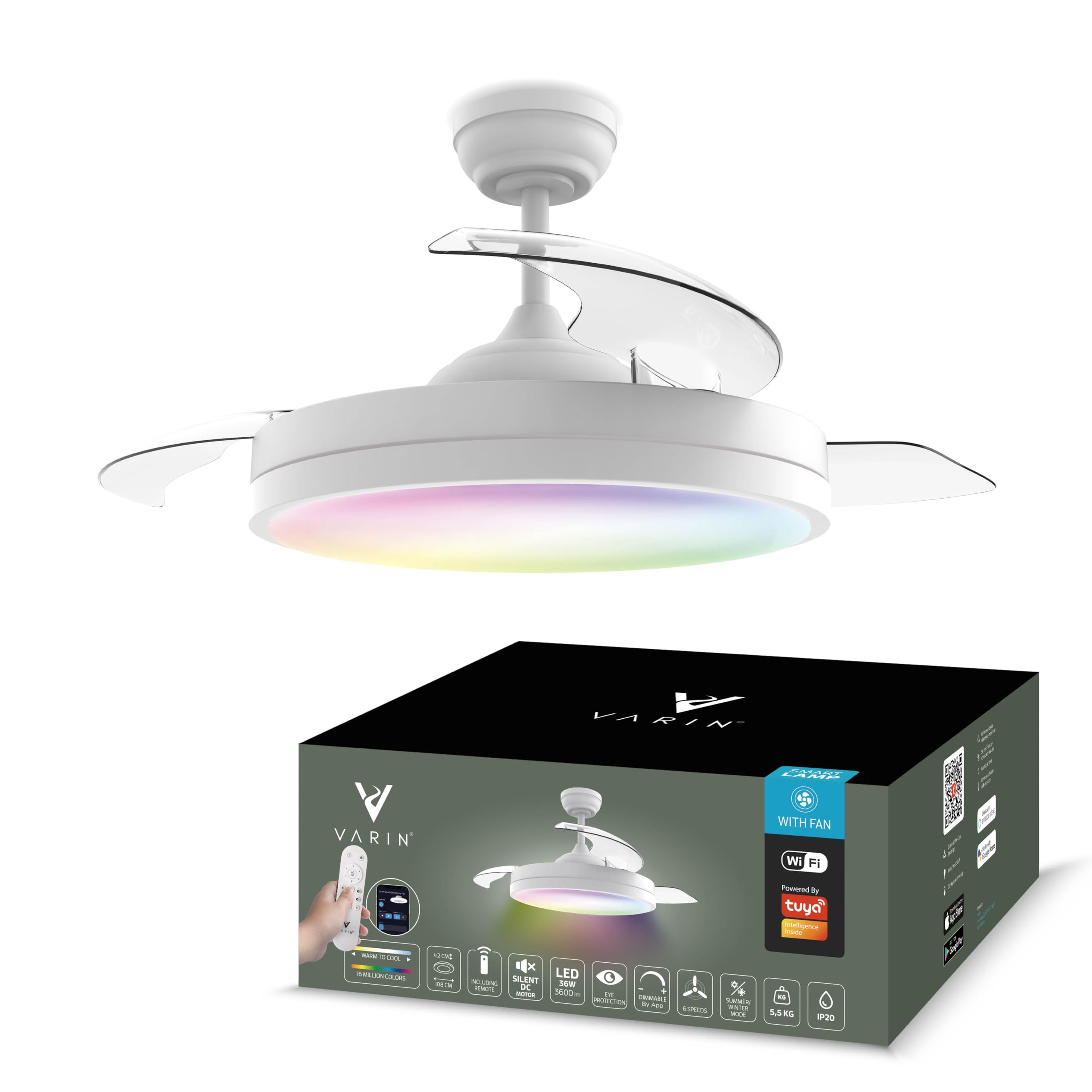 Varin® Ventilateur Plafond avec Lumiere Intelligent, Ø 50 cm/108 cm