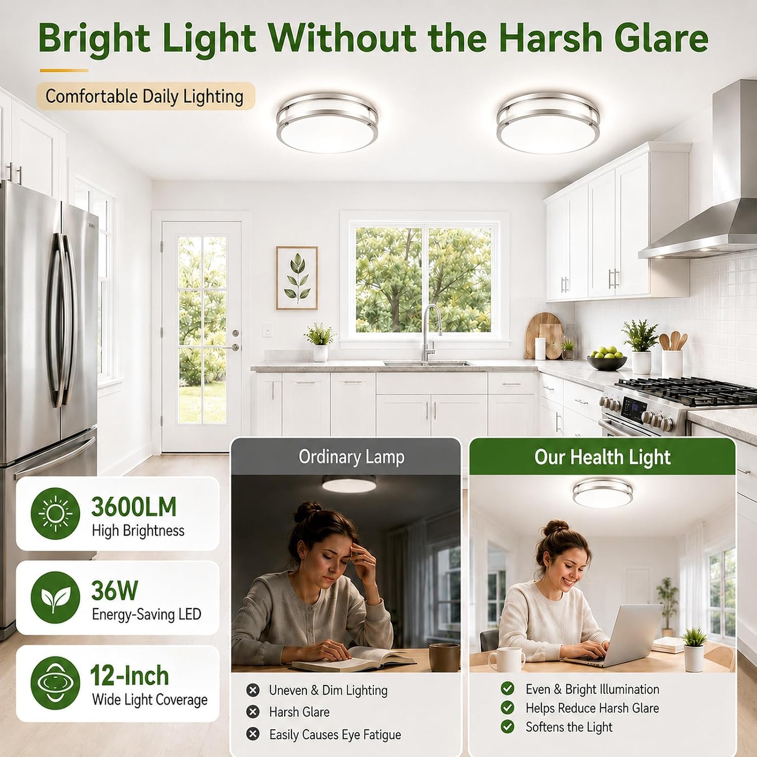 2-Pack 36W Dimmable LED Ceiling Light Fixtures Super Bright 3600LM, 12in Modern Flush Mount Ceiling Light, 2700K/3000K/3500K/4000K/5000K Adjustable Brushed Nickle Ceiling Lamp for Living Room Bathroom