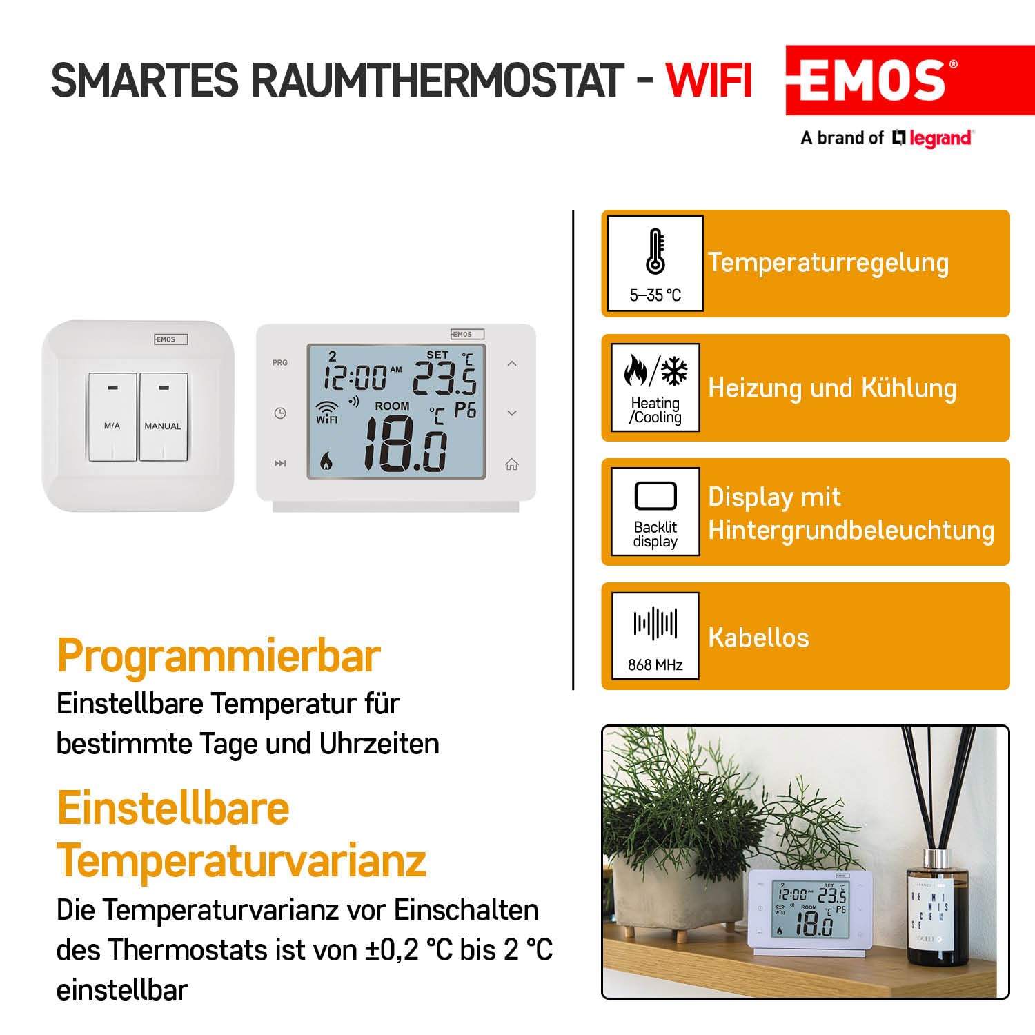 EMOS GoSmart - Termostato smart per la casa con app - WiFi - Termostato IP per riscaldamento/raffreddamento - a risparmio energetico - compatibile con Tuya, Google Assistant, Alexa - wireless - bianco