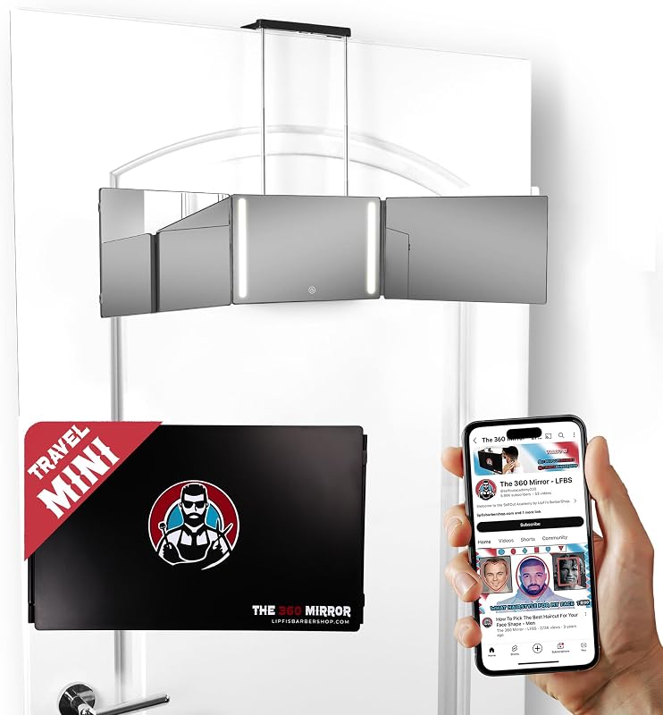 Espelho triplo dobrável MINI LED 360 para cuidados pessoais LIPFISBARBERSHOP.COM, preto
