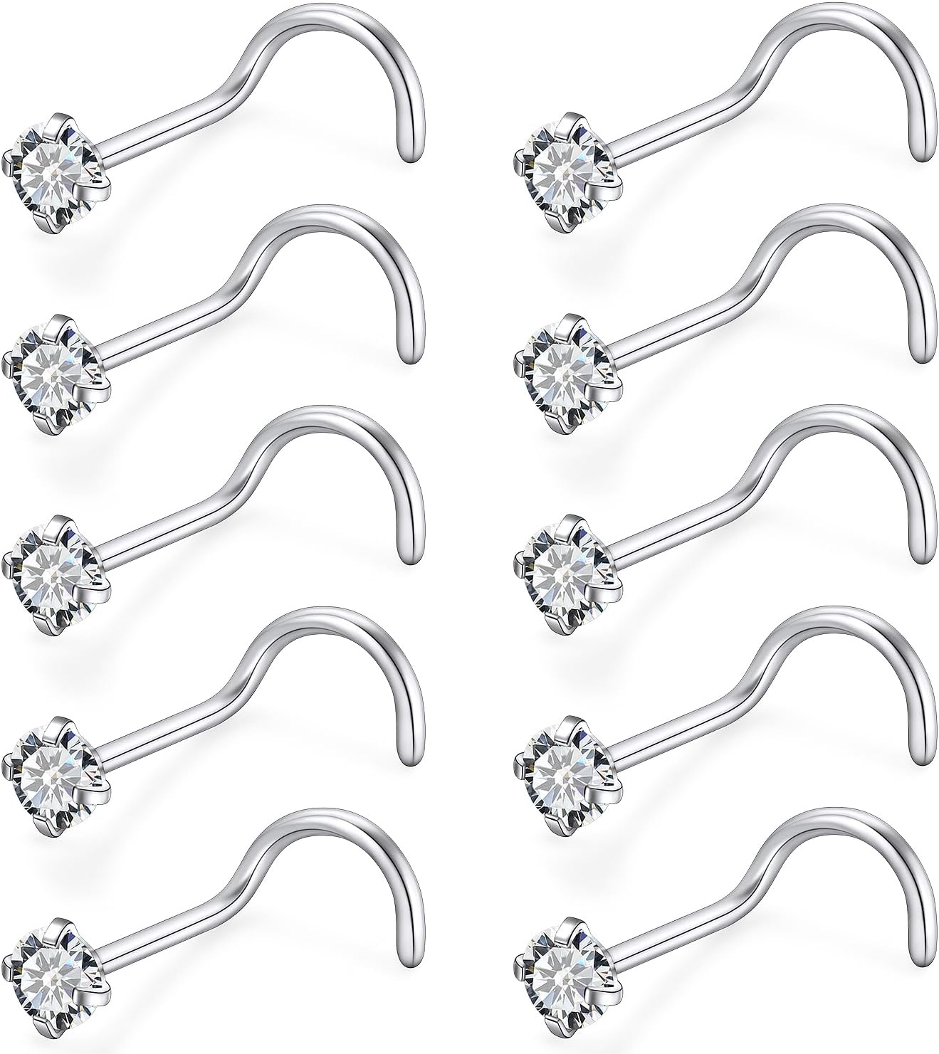 18G 20G 22G Titanium Stainless Surgical Steel Nose Rings Studs for Women L Shaped Nose Studs Screw Nose Ring Piercing Jewelry for Women Men Diamond CZ 1.5mm 2mm 2.5mm 3mm 10pcs