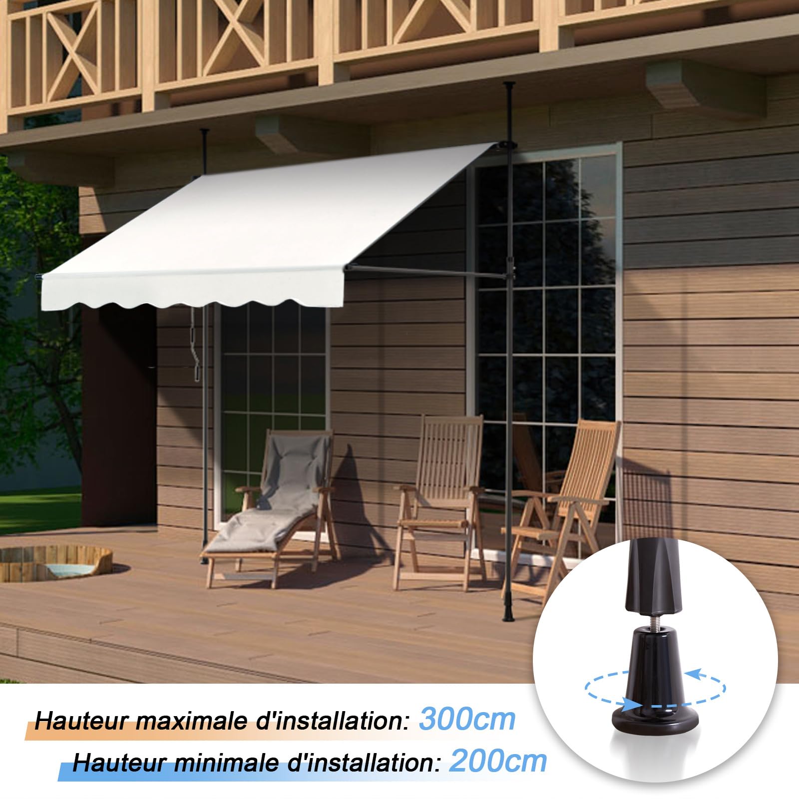 Canopée Store Banne Manuel Rétractable avec Manivelle, Auvent de Terrasse sans perçage, Protection Solaire Réglable pour Balcon, Terrasse, Jardin (Beige, 2.5m x 1.2m)
