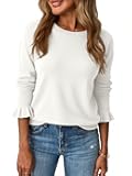 Womens Fall Crew Neck Sweaters Ruffle Long Sleeve Lightweight Soft Knit Casual Pullover Top