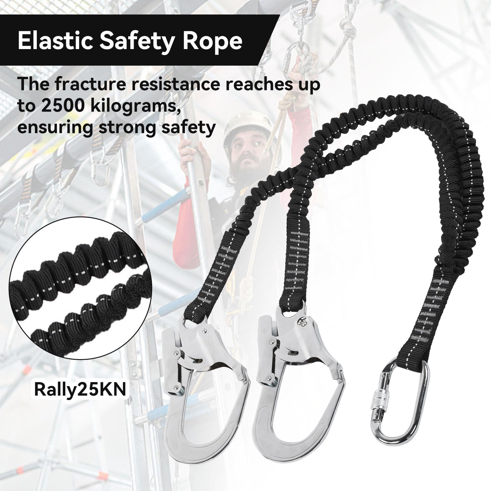 HERCHR 80-140 cm/31,5-55,1 po Ceinture de Sécurité Crochet élastique, 25KN Double Grand Cordon à Crochet Acier Longe Sécurité Absorbant les Chocs Corde de Sécurité Antichute pour L'extérieur