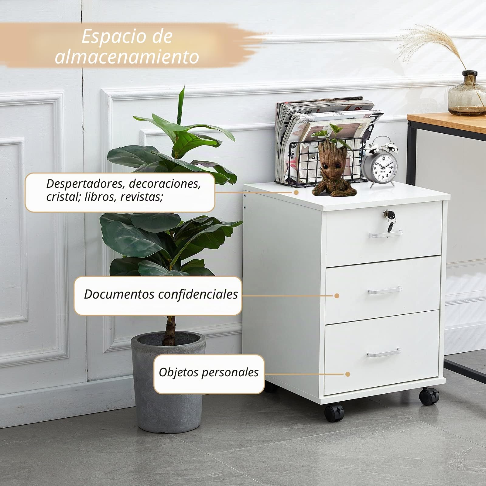 LEMROE Archivador móvil de 3 cajones con cerradura y ruedas, estilo industrial, archivador de madera para oficina en casa (blanco, 3 cajones)