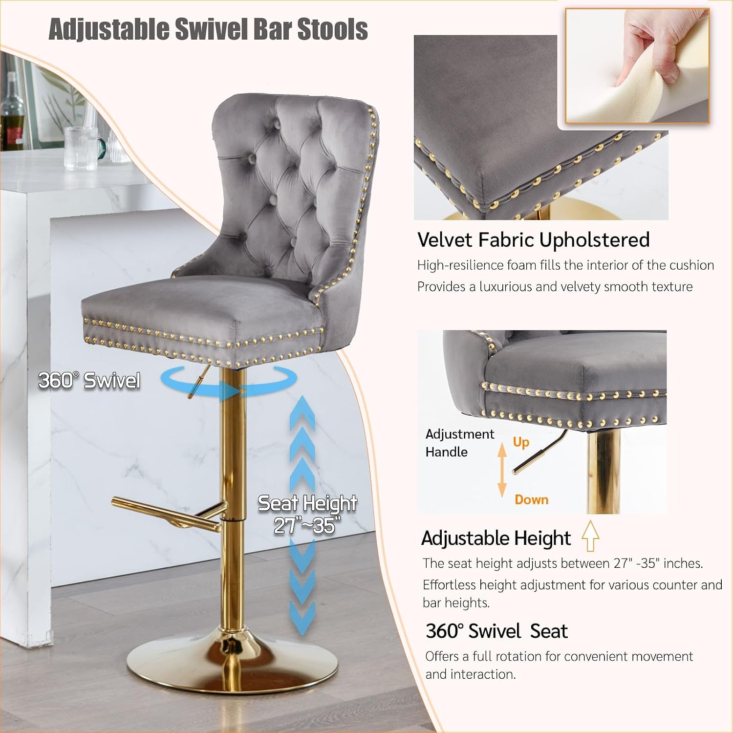 Adjustable Height Bar Stool Set of 2, Swivel Barstools with Tufted Back and Gold Metal Base,Velvet Fabric Upholstered Bar Chairs for Kitchen Island and Pub Counter(Gray,2 Pcs)
