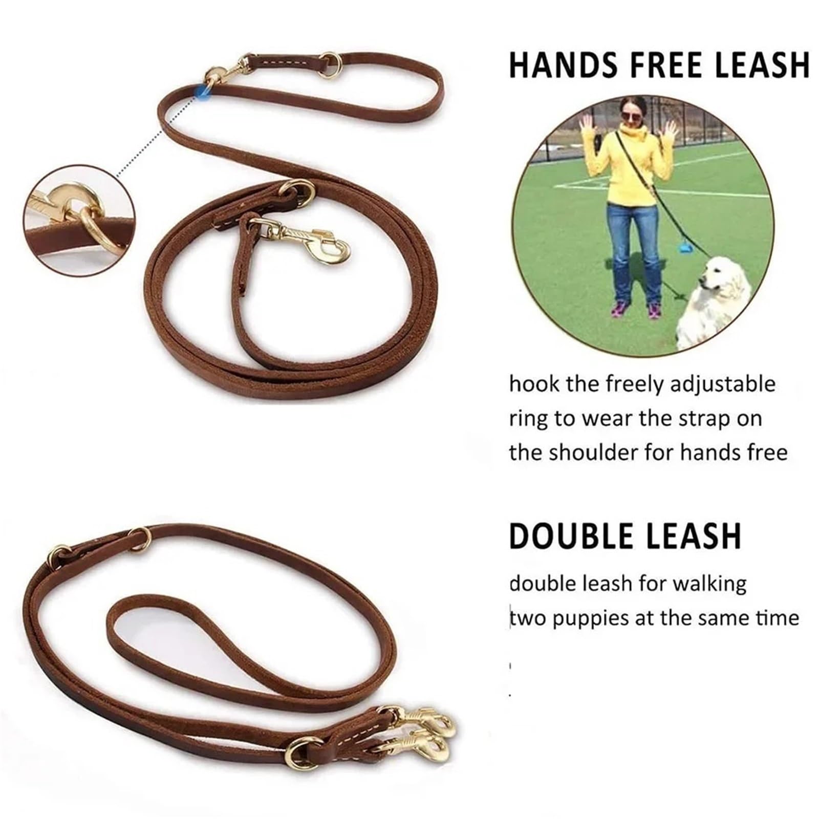 Laisse multifonctionnelle en Cuir véritable for Chiens de Petite, Moyenne et Grande Taille(Brown,1.0 * 240cm)