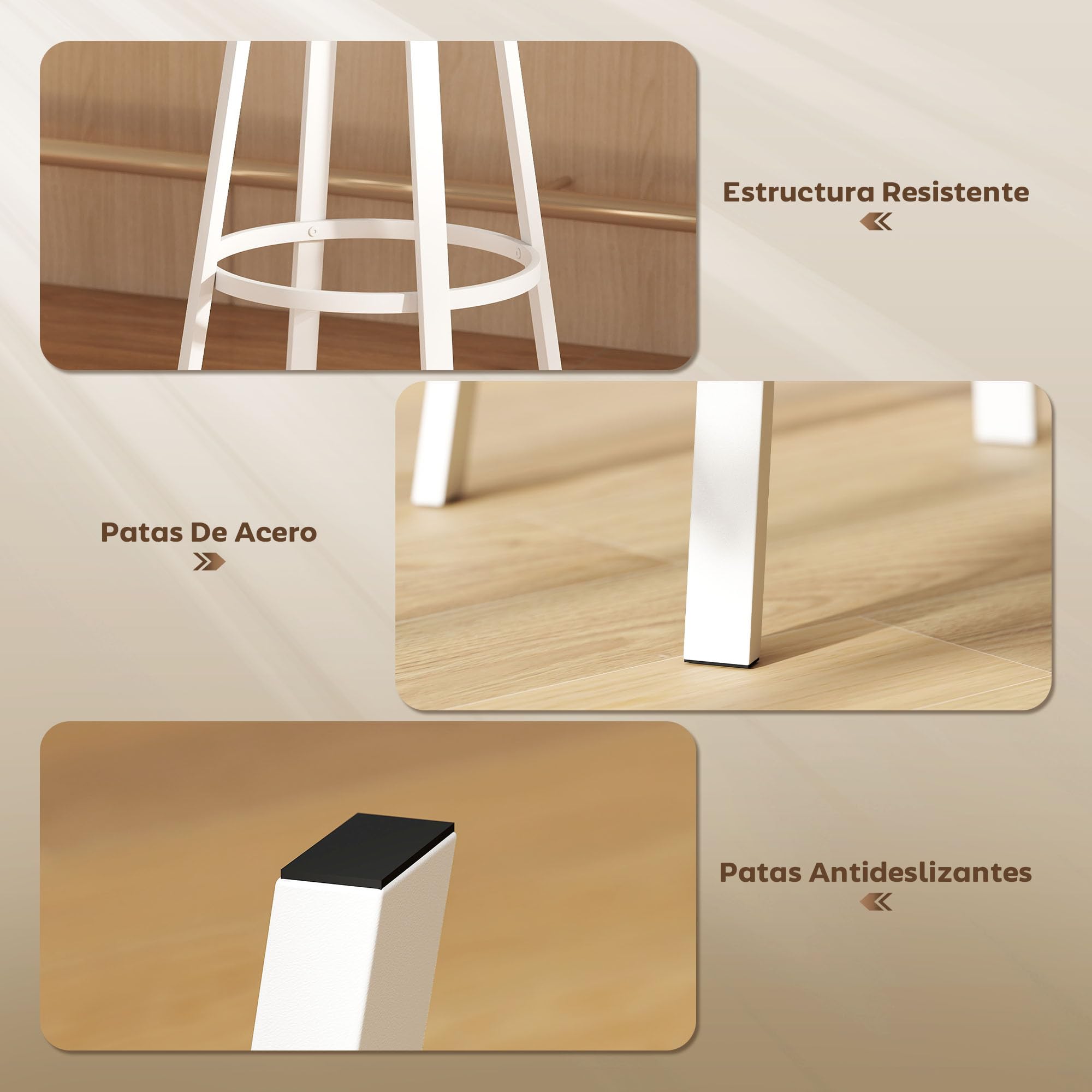 HOMCOM Juego de 2 Taburetes de Bar, Taburetes Altos de Cocina con Respaldo y Reposapiés, Tapizados de PU, Asiento de 75,5 cm de Altura, Fácil Montaje, Estilo Industrial, Natural y Blanco