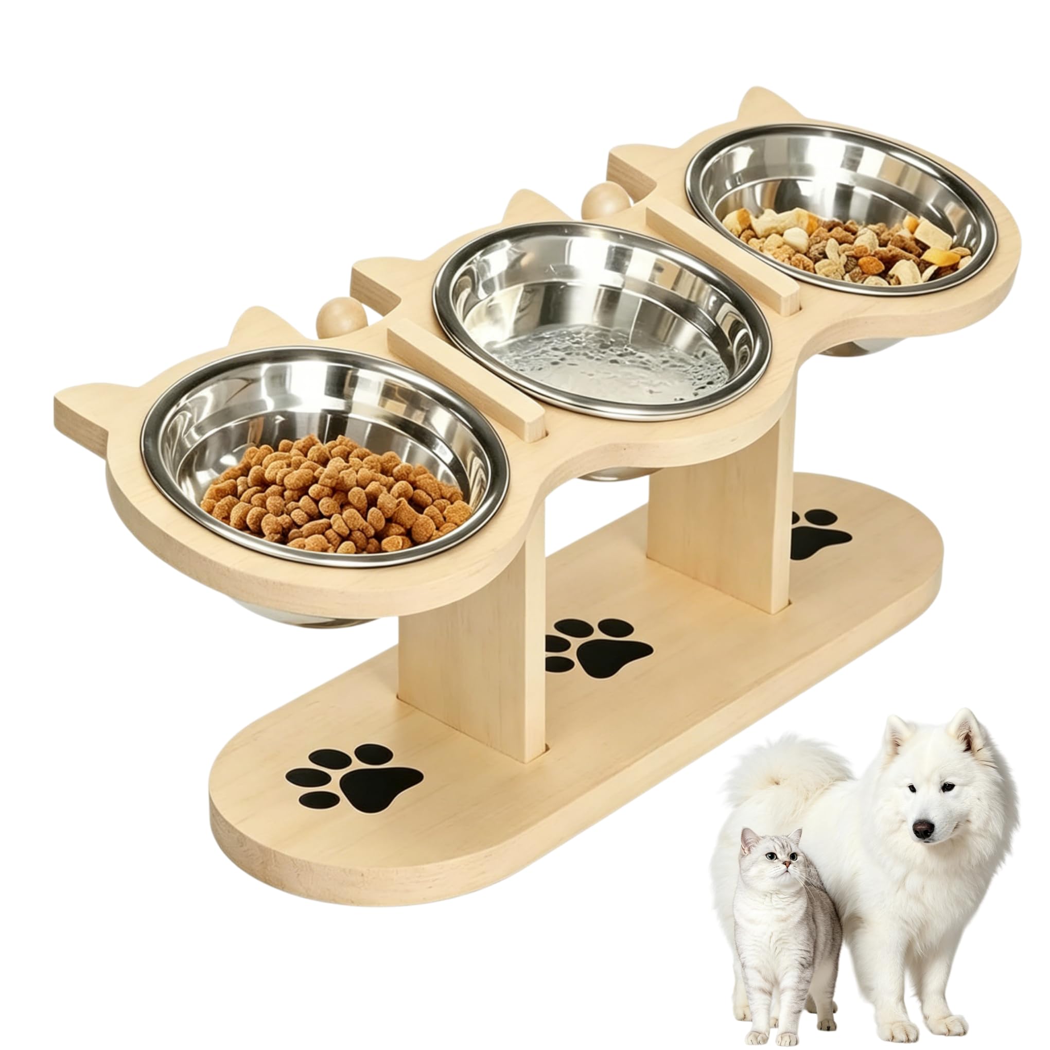 Non-slip Cat Feeding Station with 3 Bowls Anti-Vomiting Food Bowls 15ยฐ Tilted Pet Bowls with Bamboo Stand Reducing Neck Strain for Food and Water for Cats Puppy Small Dog(Raw wood)