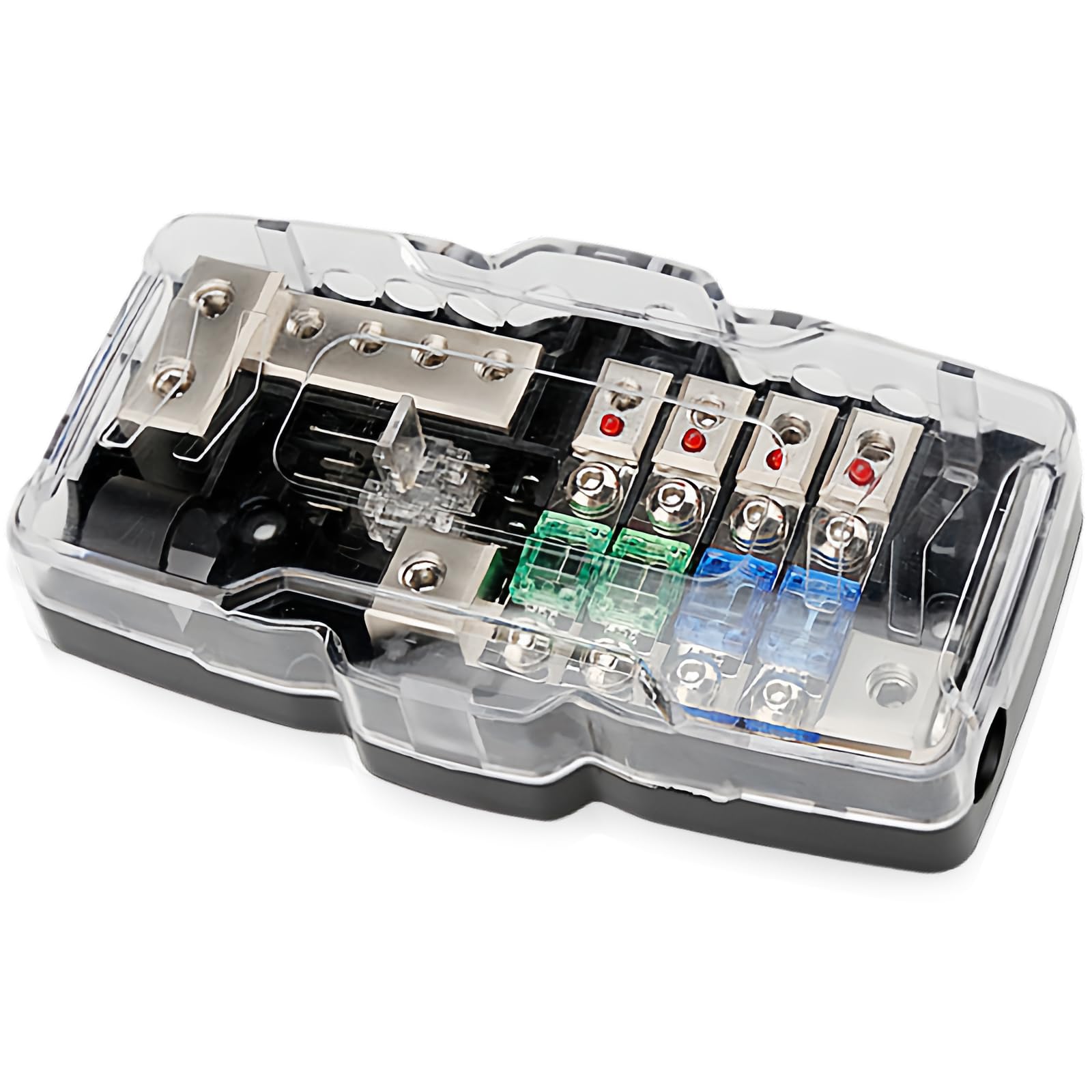 Camper - Blocco di distribuzione per auto, portafusibili con indicatore LED, mini scatola dei fusibili, 4 vie, 30 A, 60 A, stereo, per auto, SUV, camion, barca