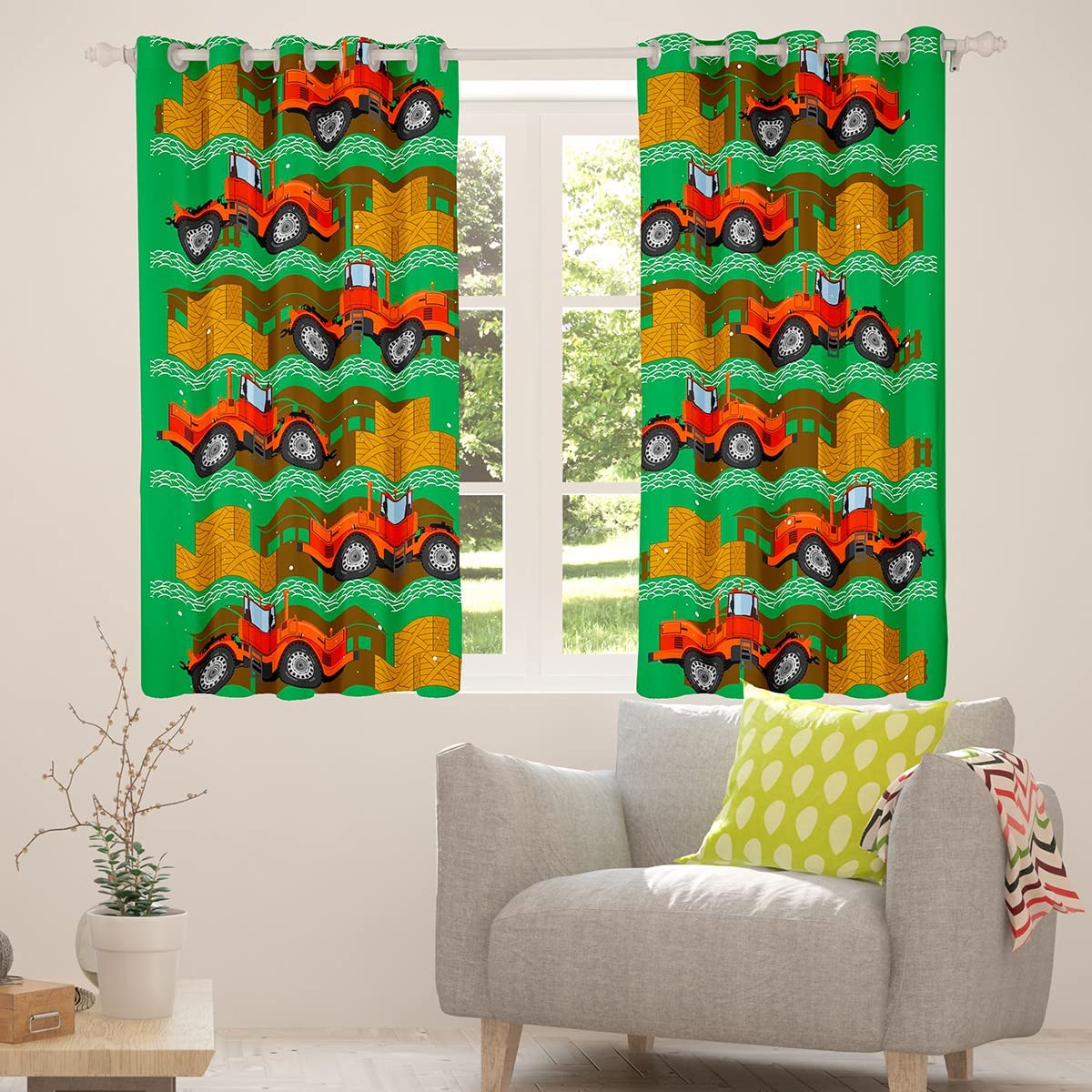 Cortinas Opacas de grúa de niveladora de maquinaria de Dibujos Animados (30% -50%) vehículos Verdes para oscurecimiento de automóviles, Cortinas de automóviles para Dormitorio, Adultos, tratamientos