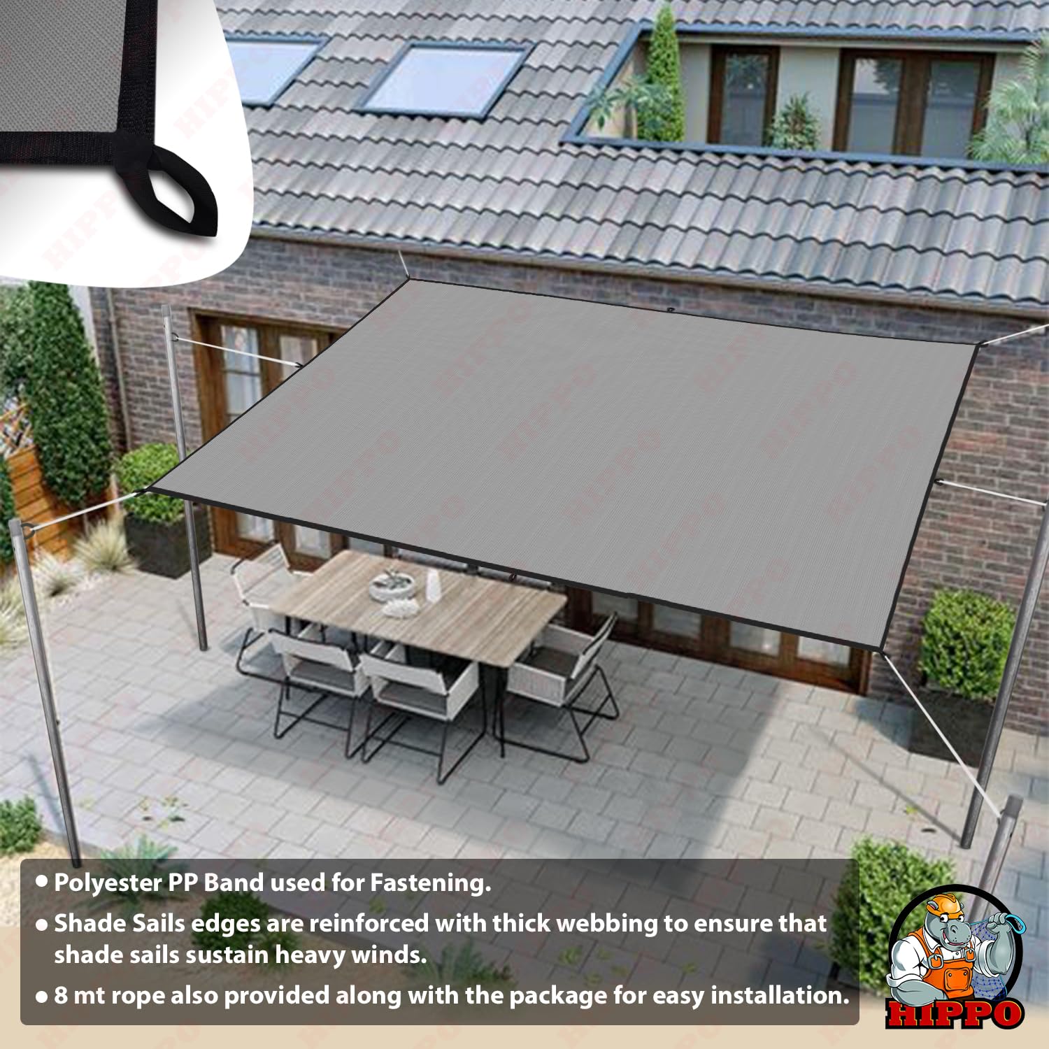 HIPPO 180 GSM Shade Sail with PP Band Sun Shade UV Block for Canopy Cover, Outdoor Patio, Garden, Pergola, Balcony Tent (10FTX15FT, Pebble Grey)