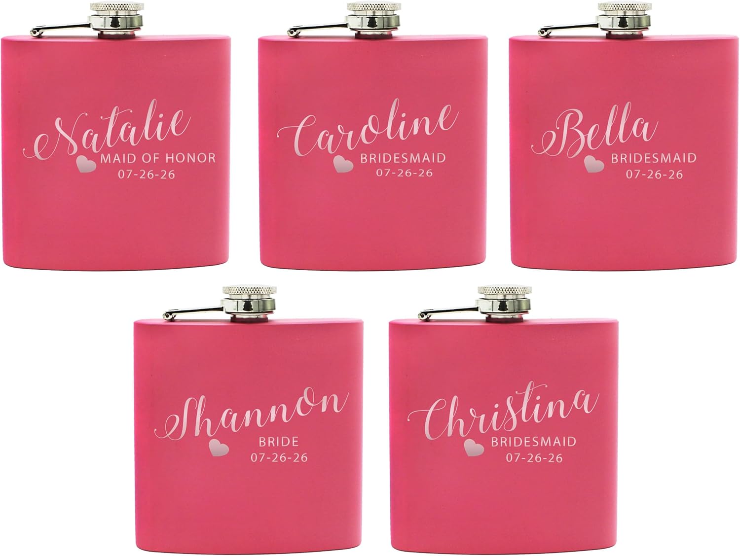 Set of 2, 5, 7, and More Custom Personalized Pink Flasks for Bride, Bridesmaid - Engraved Bachelorette Party Gifts - Passion Style (5)