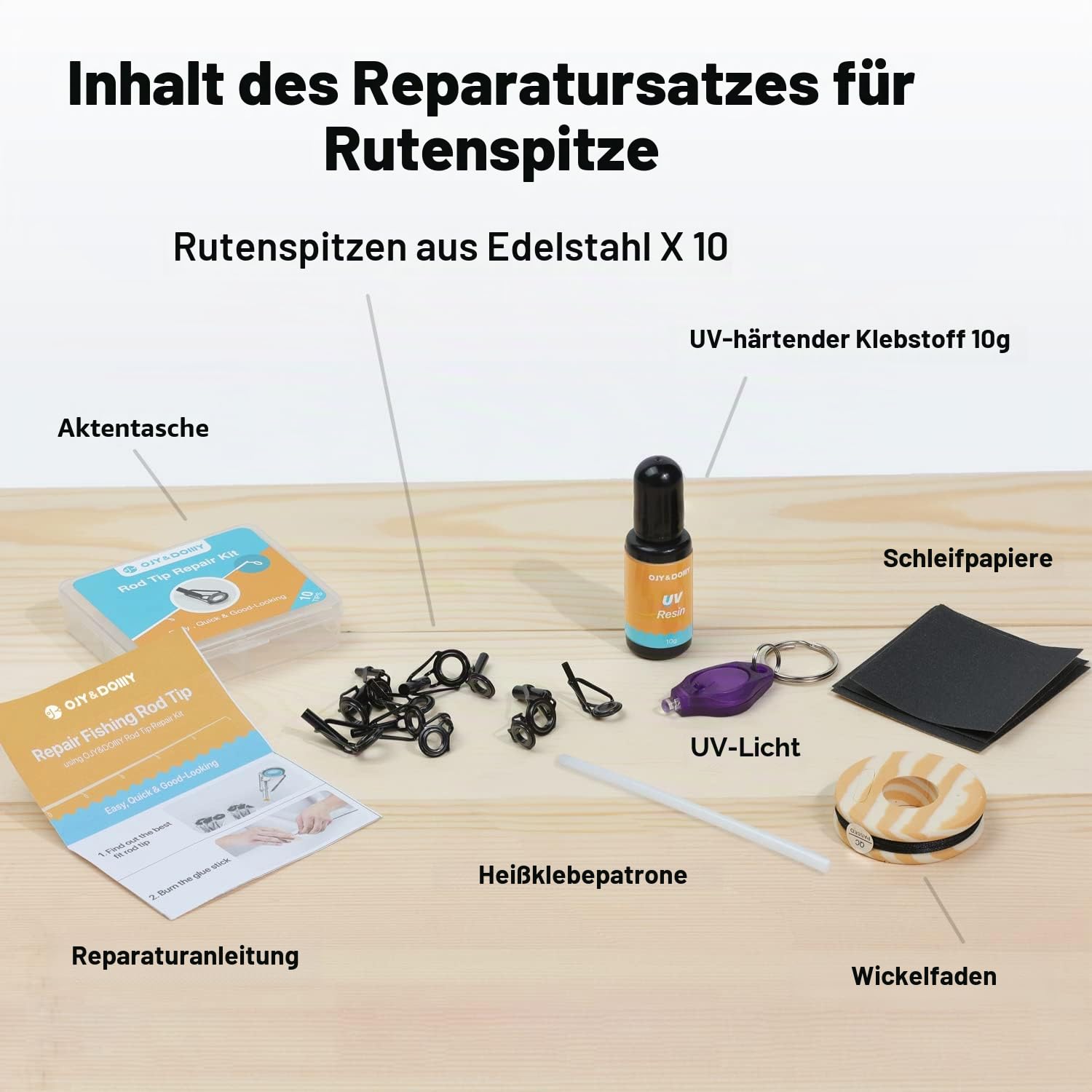 Angelrutenspitzen-Reparatur-Set mit Kleber, komplettes Set mit UV-härtetem Kleber und 10 Rutenspitzen