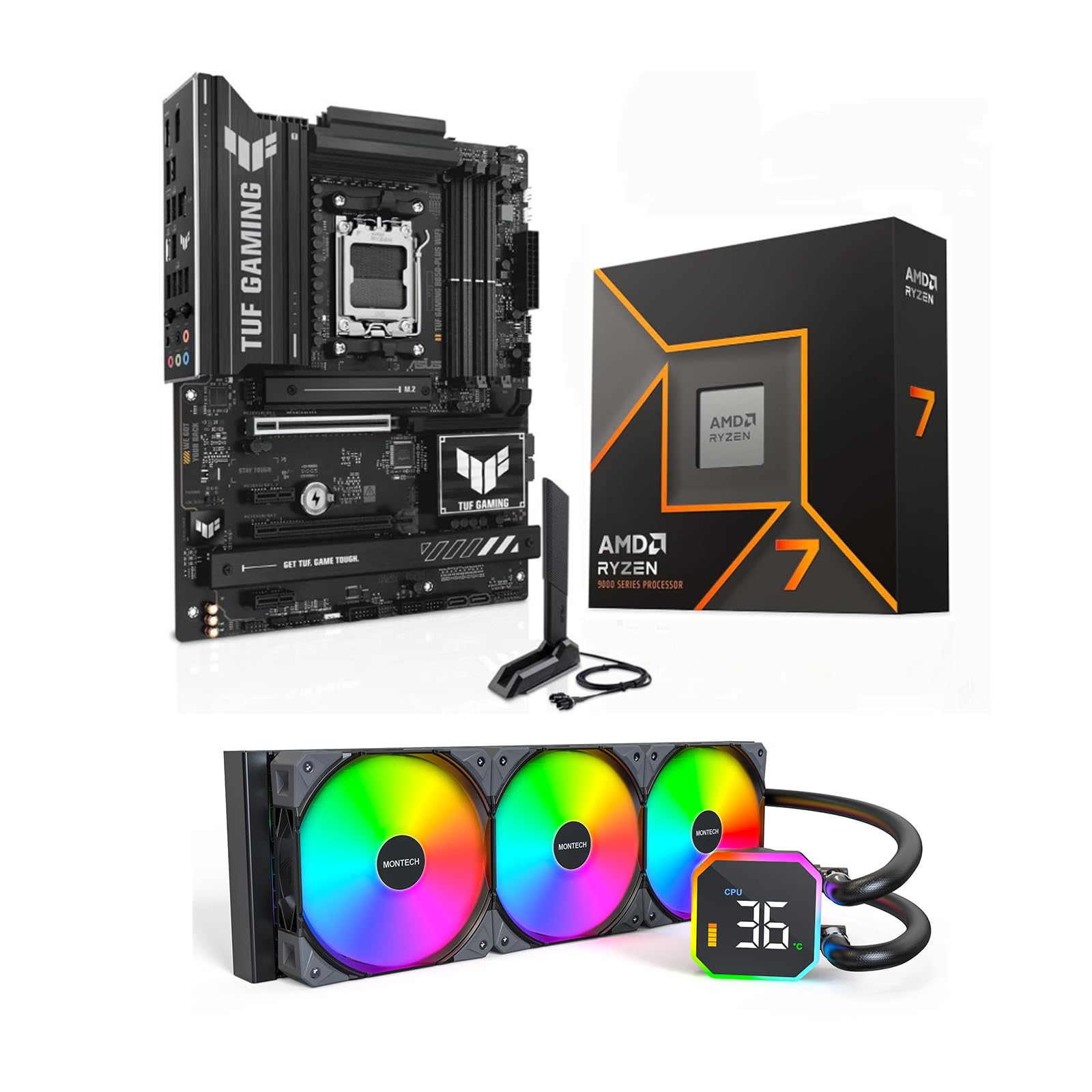 3 in 1 Bundle: AMD Ryzen 7 9700X Desktop CPU Processor + ASUS TUF Gaming B850-PL WiFi Motherboard + Montech Hyperflow Digital 360mm CPU AIO Water Cooling