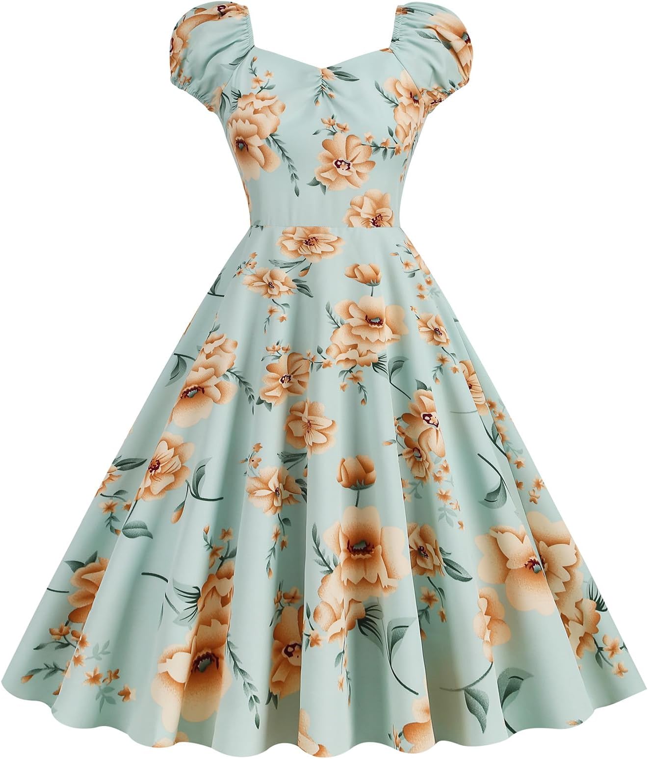 IWEMEKWomen Cap Sleeve 1950s Retro Vintage Cocktail Swing Dresses Floral Tea Party Dress Fit and Flared A-Line Spring Garden Dress