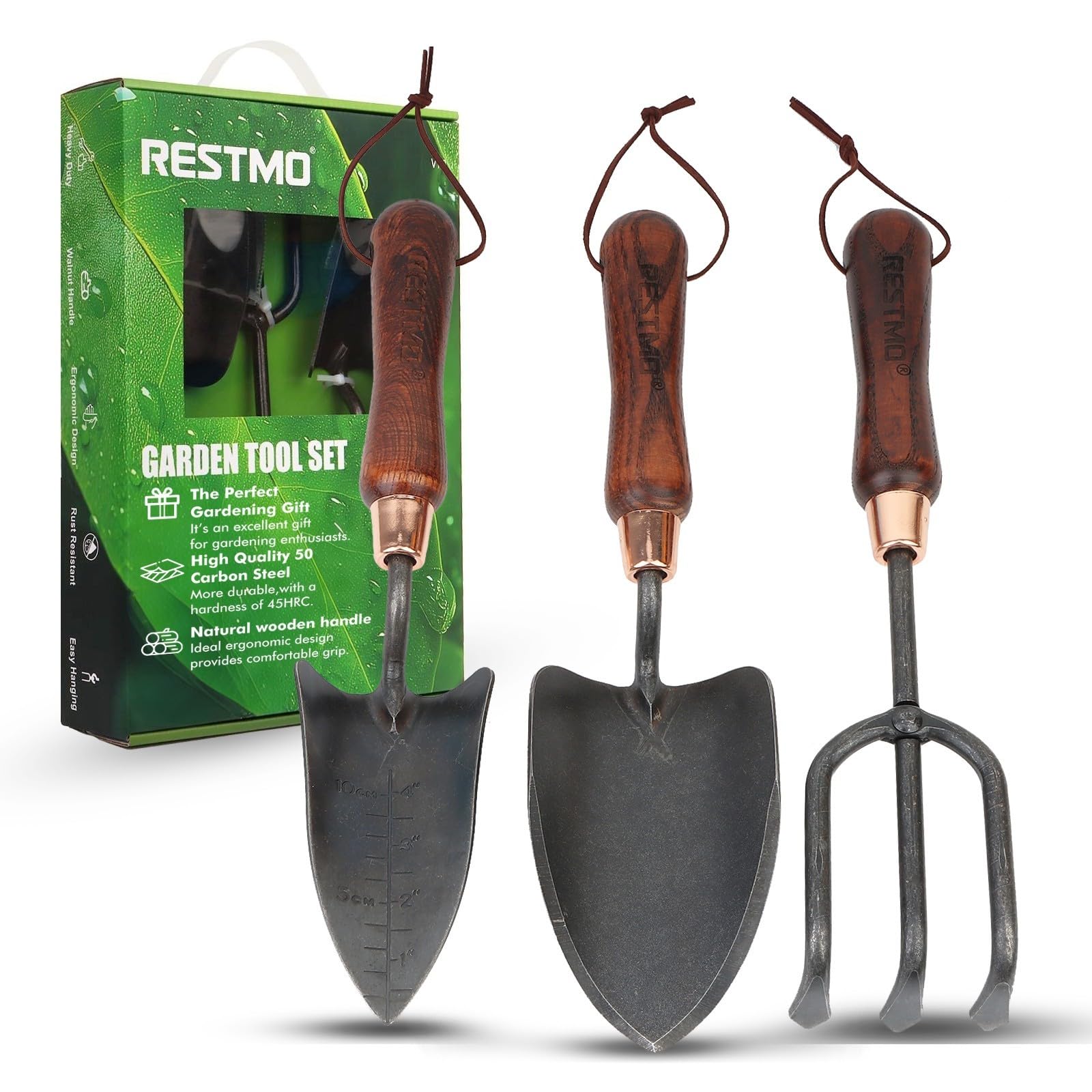 RESTMO 3-in-1 Heavy Duty Gardening Tools Kit, Premium Carbon Steel Garden Hand Tools with Ergonomic Wooden Handle Includes Trowel, Transplanter, and Cultivator, Ideal Gardening Gifts for Gardener