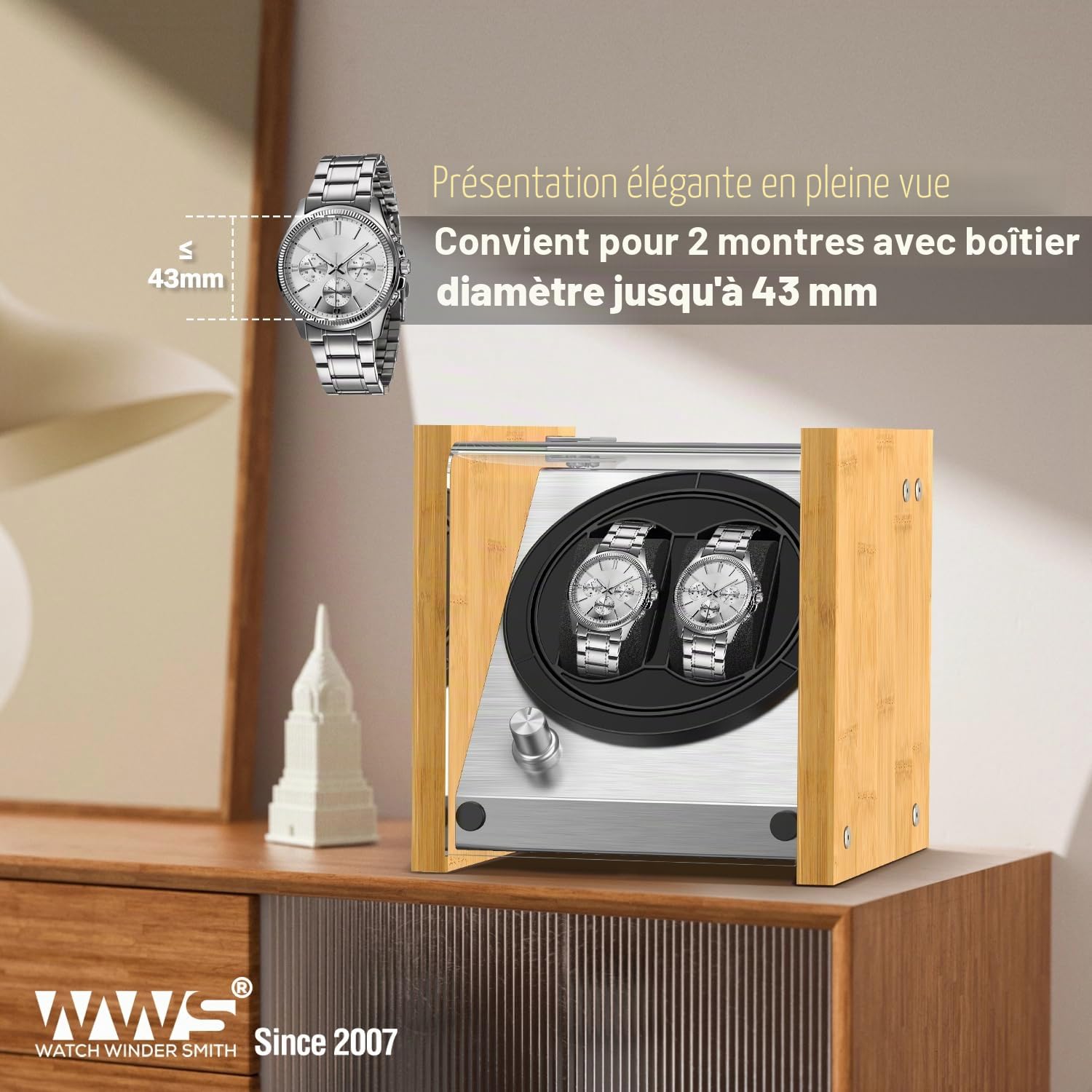 Watch Winder Smith® Remontoir à Montres Automatique,100% Artisanat Conception de Brevet en Bois de Bambou,Moteur Japonais Ultra-Silencieux à AC ou à Piles
