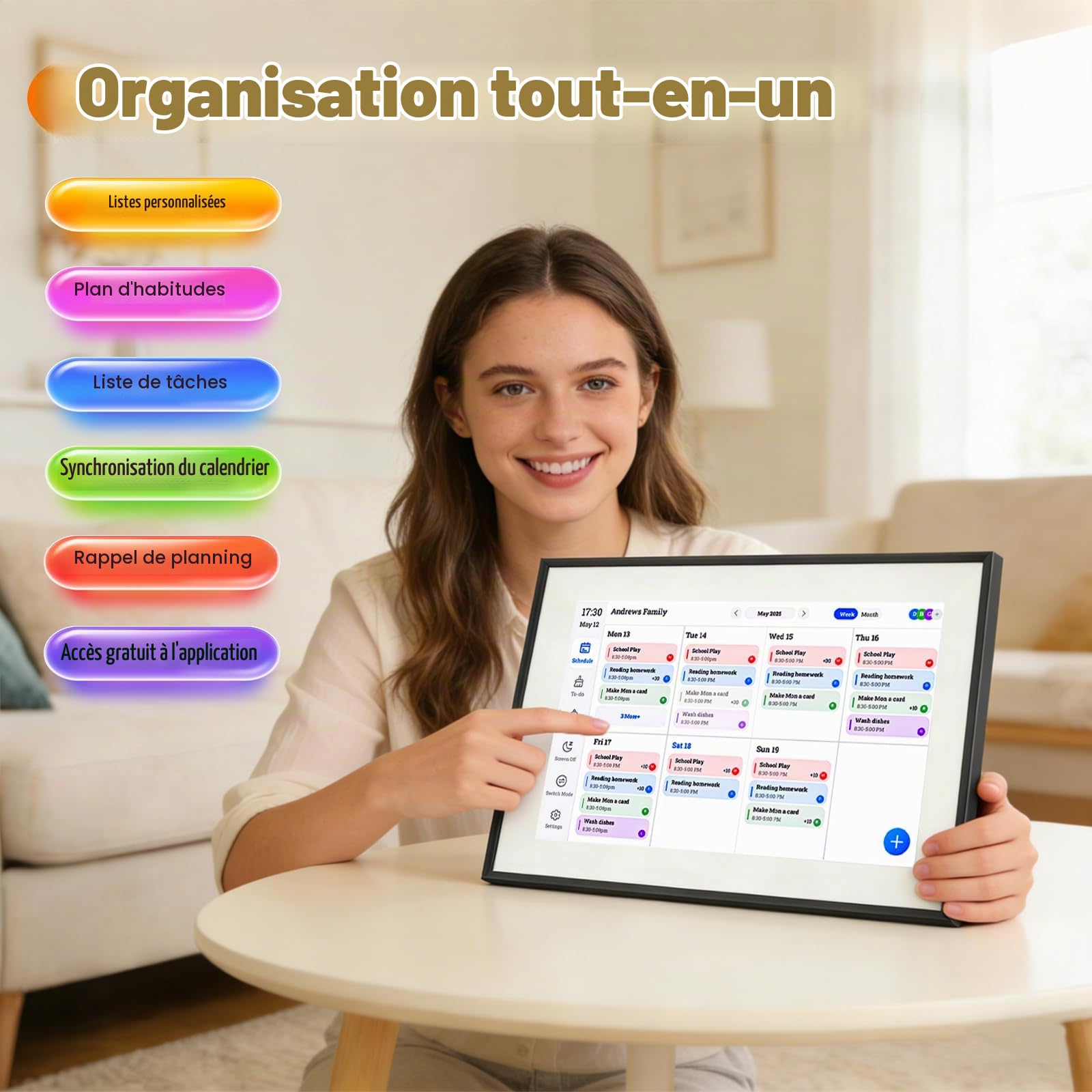 Calendrier Numérique 10,1" Écran Tactile – Organisateur Familial Central avec Synchronisation Wi-FI, Affichage Intelligent des Semaines, Repas, Agenda et Cadre Photo Numérique