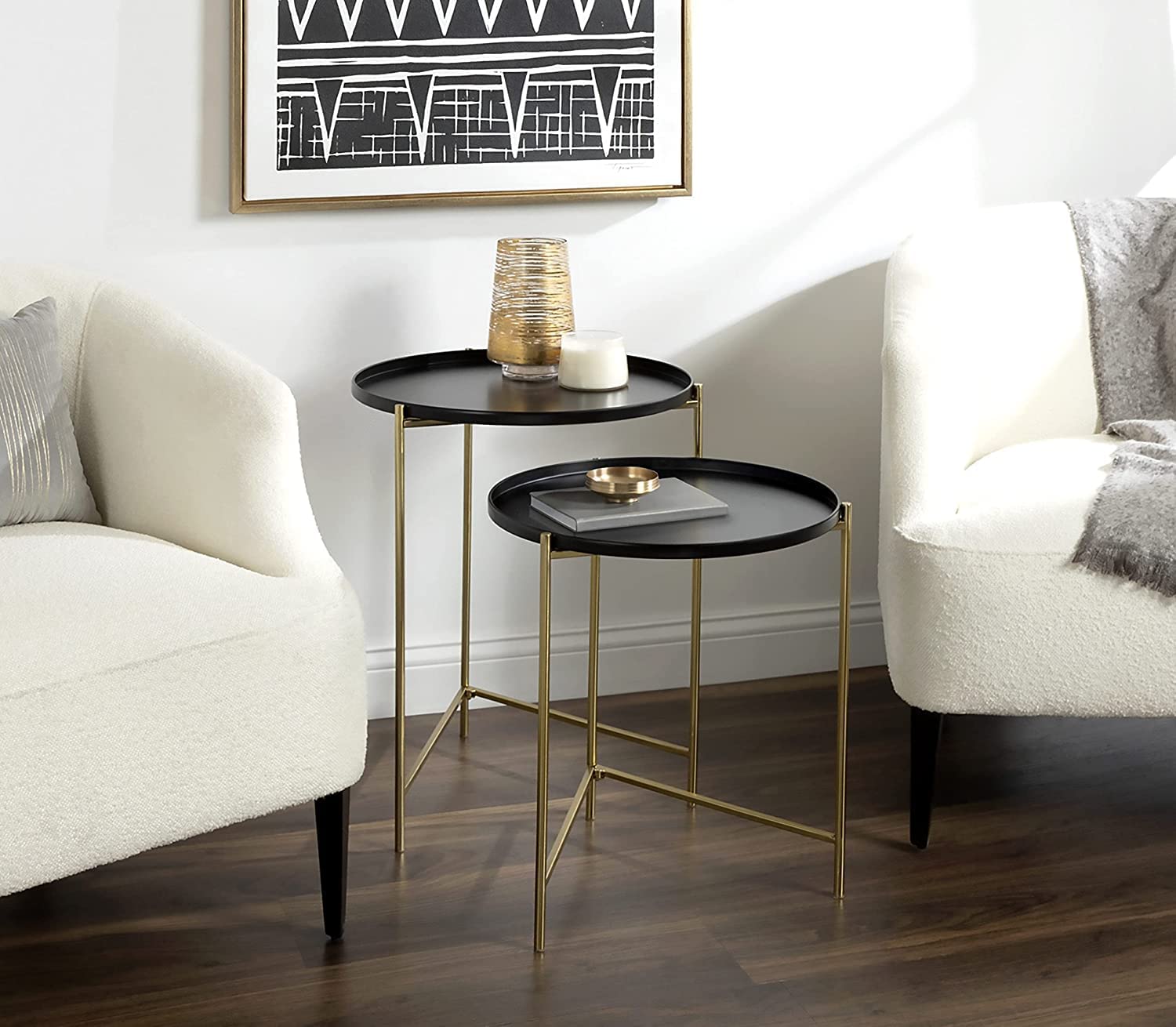 INDIAN DECOR.® 45273 Modern Nesting Side Table, Set of 2, Black and Gold, Sophisticated Glam End Tables for Storage and Display 1