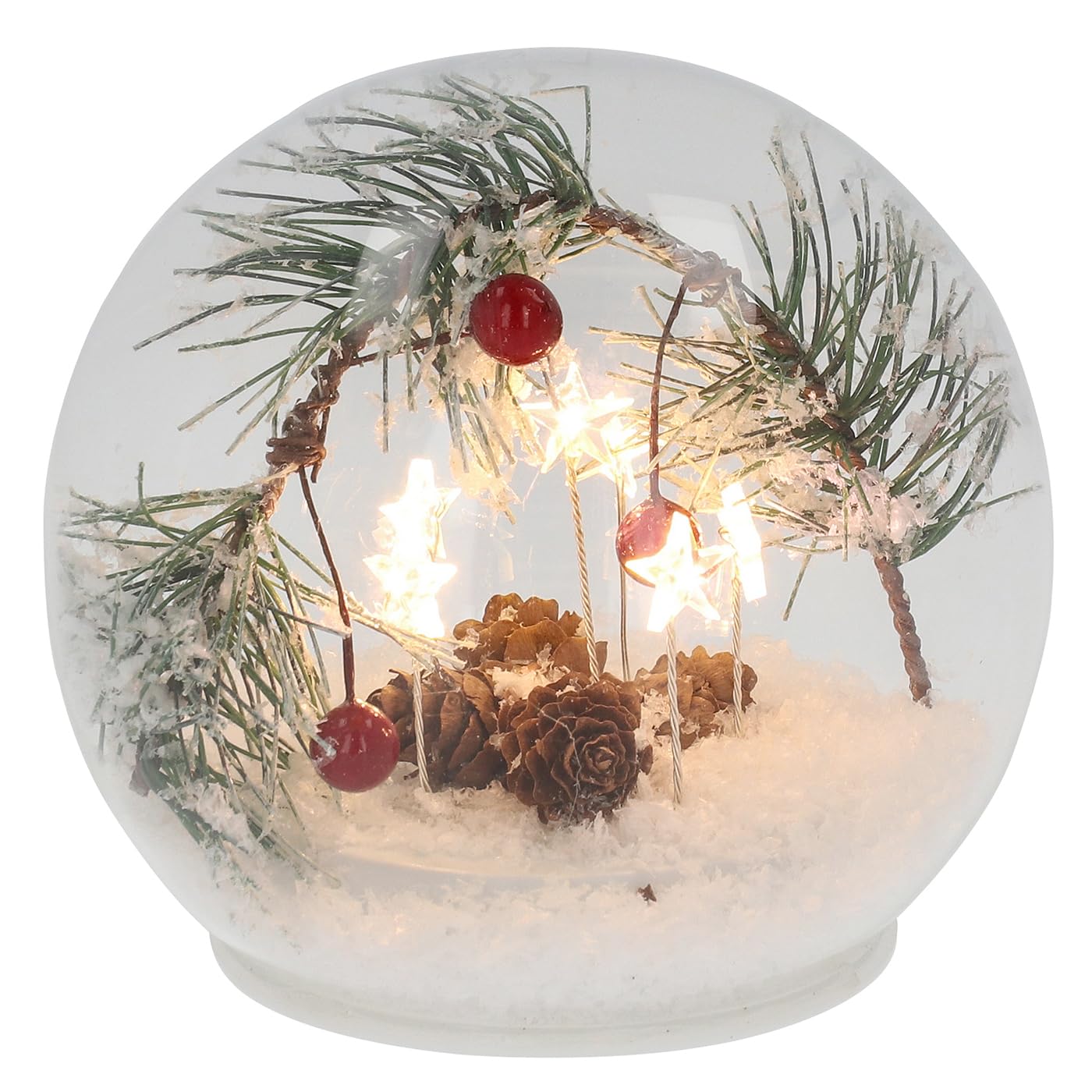 Shudehill Giftware Multicolor Frosty Christmas Led Stars Glass Decoration Dome & Ball Ornaments With Pinecones And Snow Scene Battery Operated Festive Light (Ball Small Height 11X Width 12X Depth 12 Cm)