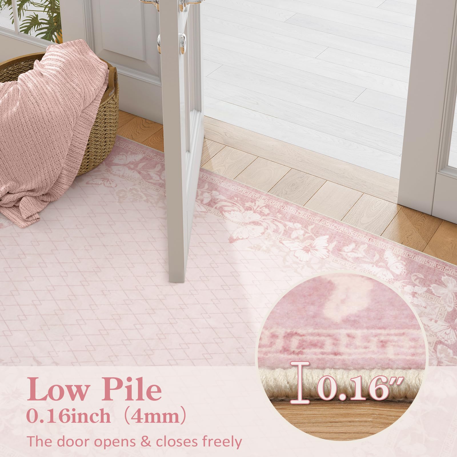 STARUIA Alfombra grande lavable de 5 x 7 pies para sala de estar, antideslizante, suave, rosa, para dormitorio, niñas, elegante alfombra de granja, alfombra de mariposa, oficina, comedor, habitación