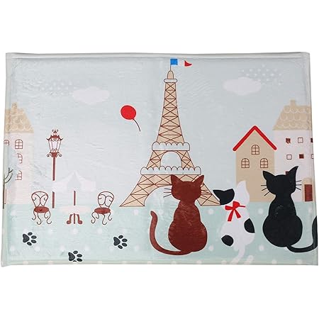 Amazon Queen B 玄関マット ネコ エッフェル塔 北欧 屋内 室内 おしゃれ かわいい 泥落とし ラグ カーペット 滑り止め リビング お風呂 吸水 抗菌 40cm 60cm ブルー 玄関マット オンライン通販